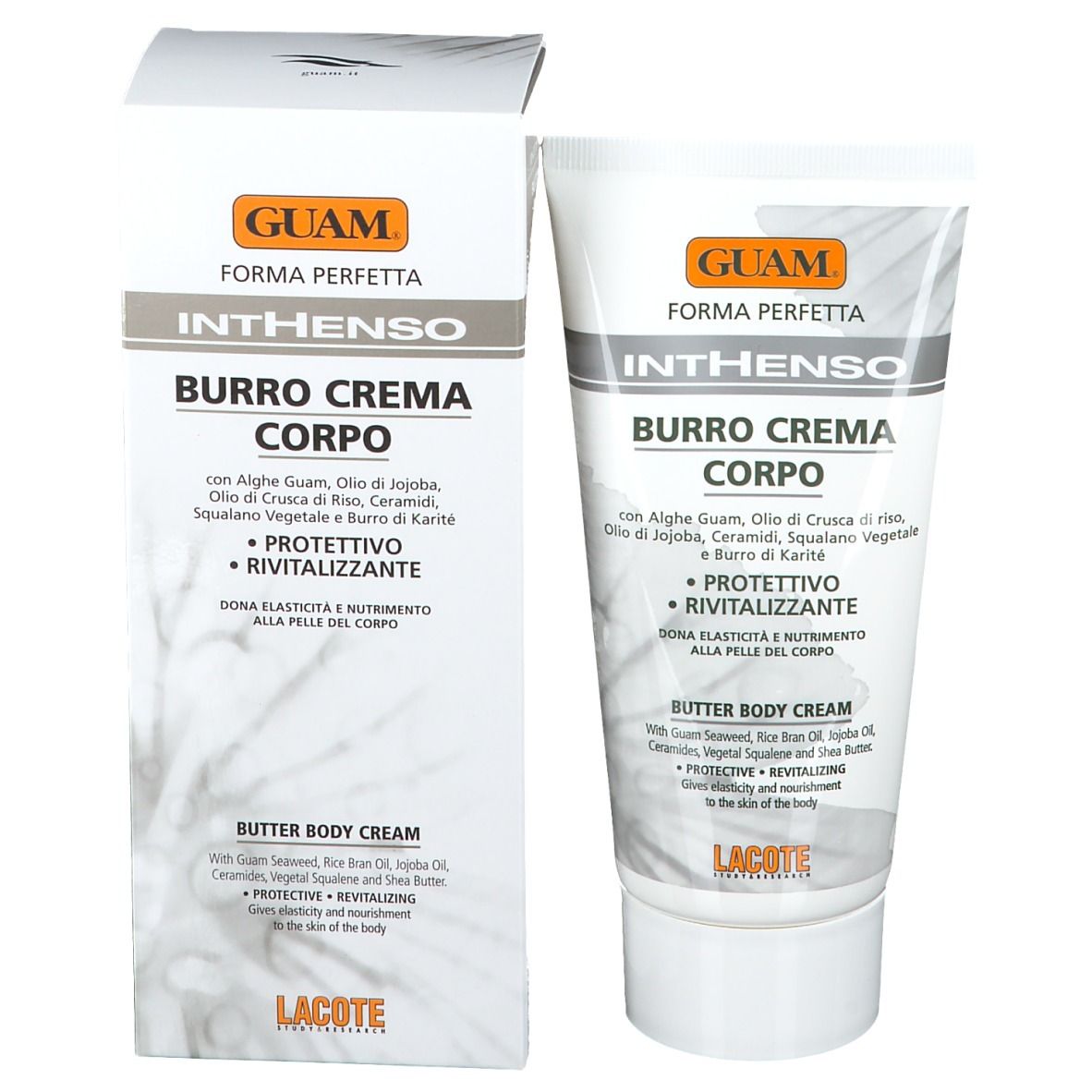 GUAM® Inthenso Burro Crema Corpo. Tubo e confezione. Testo: Burro Crema Corpo. Ingredienti.