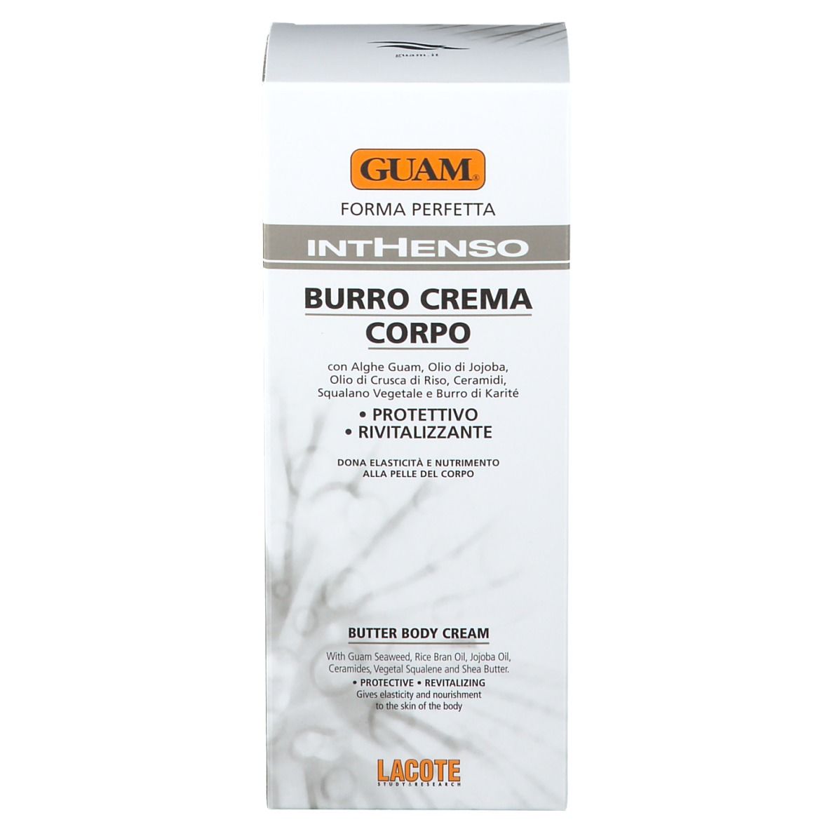 GUAM® Inthenso Burro Crema Corpo. Confezione. Testo: Burro Crema Corpo. Ingredienti.