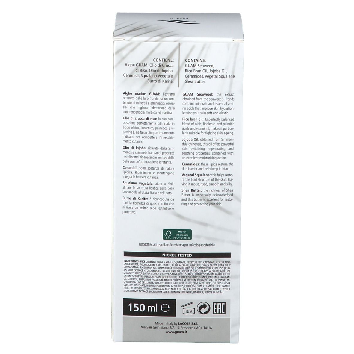 GUAM® Inthenso Burro Crema Corpo. Confezione. Testo e ingredienti.