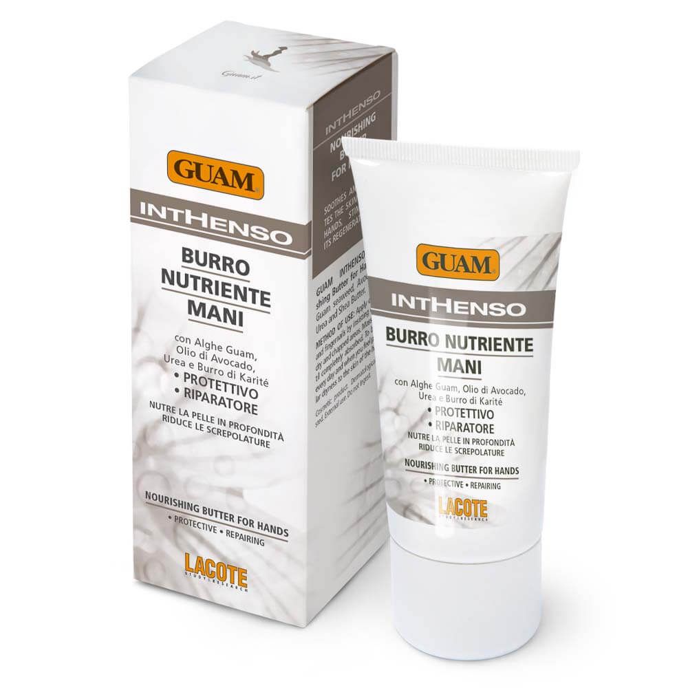 Tubo e scatola di crema. Scritta: GUAM Inthenso Burro Nutriente Mani. Con ingredienti.