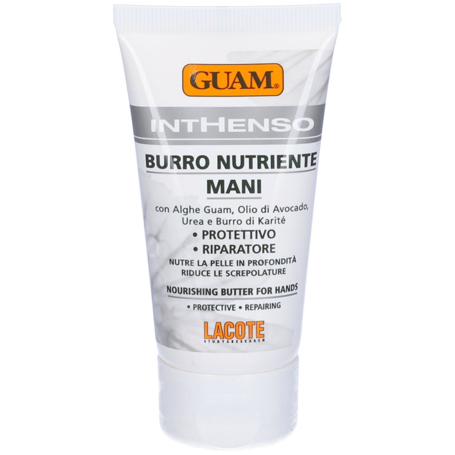 Tubo di crema. Scritta: GUAM Inthenso Burro Nutriente Mani. Con ingredienti e logo.