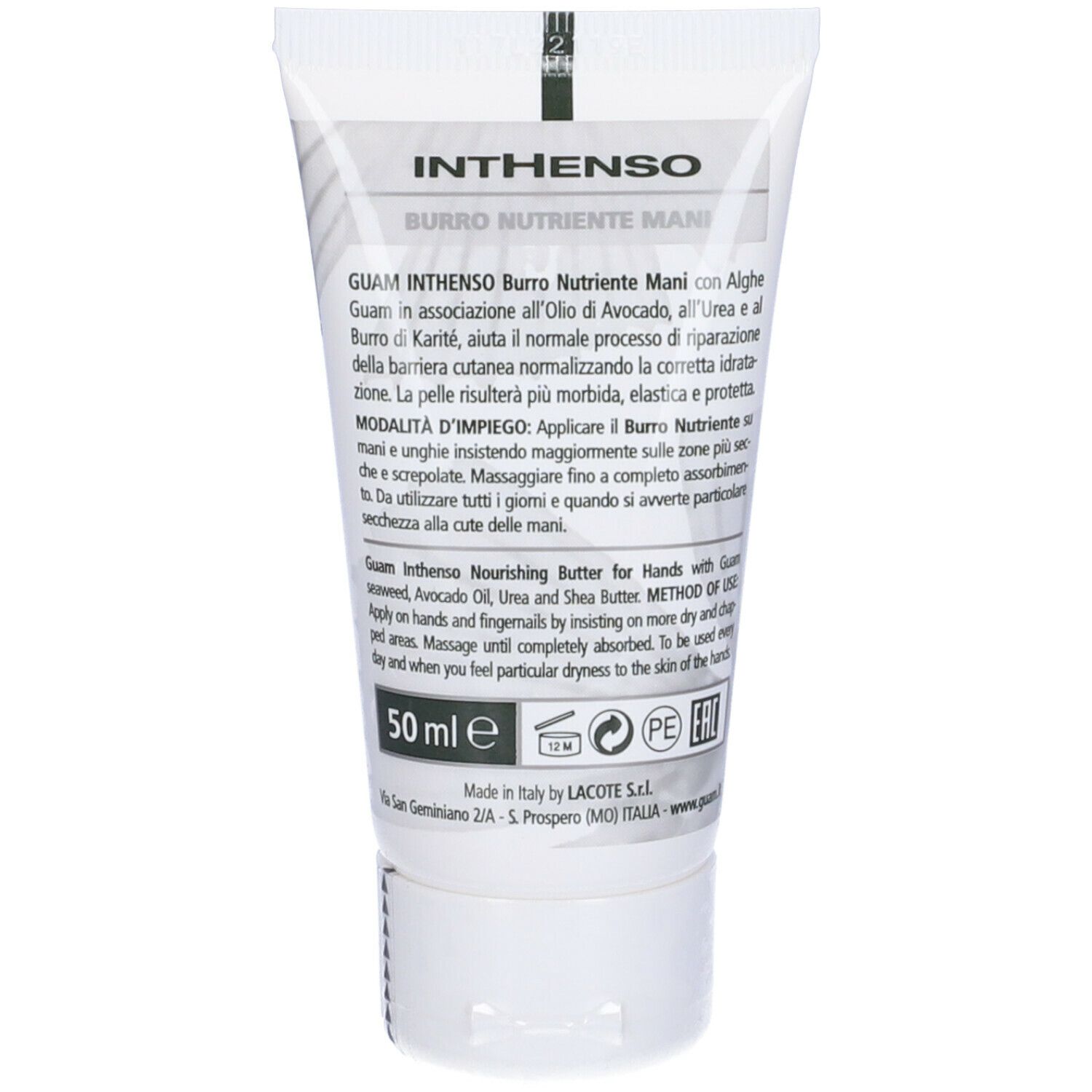 Retro del tubo di crema. Testo: GUAM Inthenso Burro Nutriente Mani. Con informazioni.