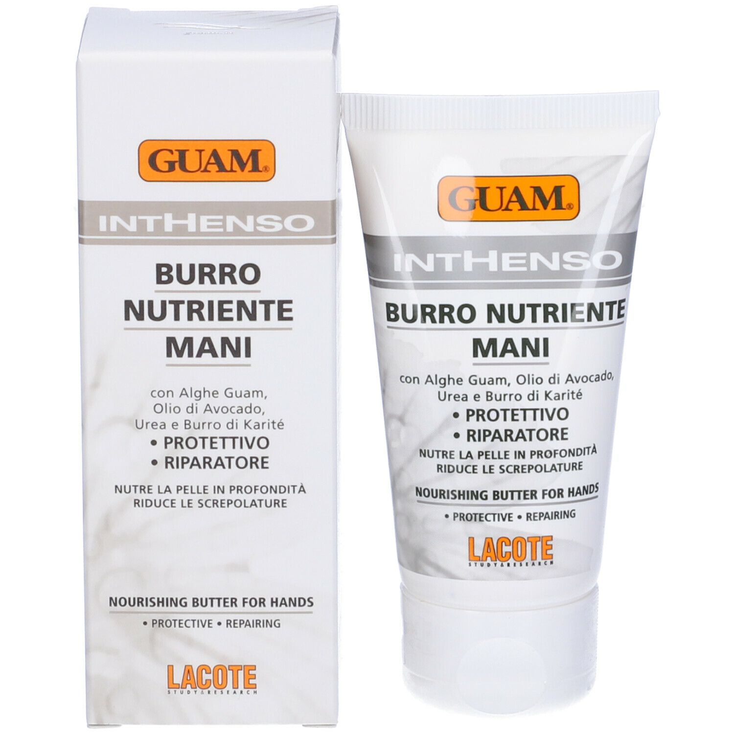 Tubo e scatola di crema. Scritta: GUAM Inthenso Burro Nutriente Mani. Con logo.
