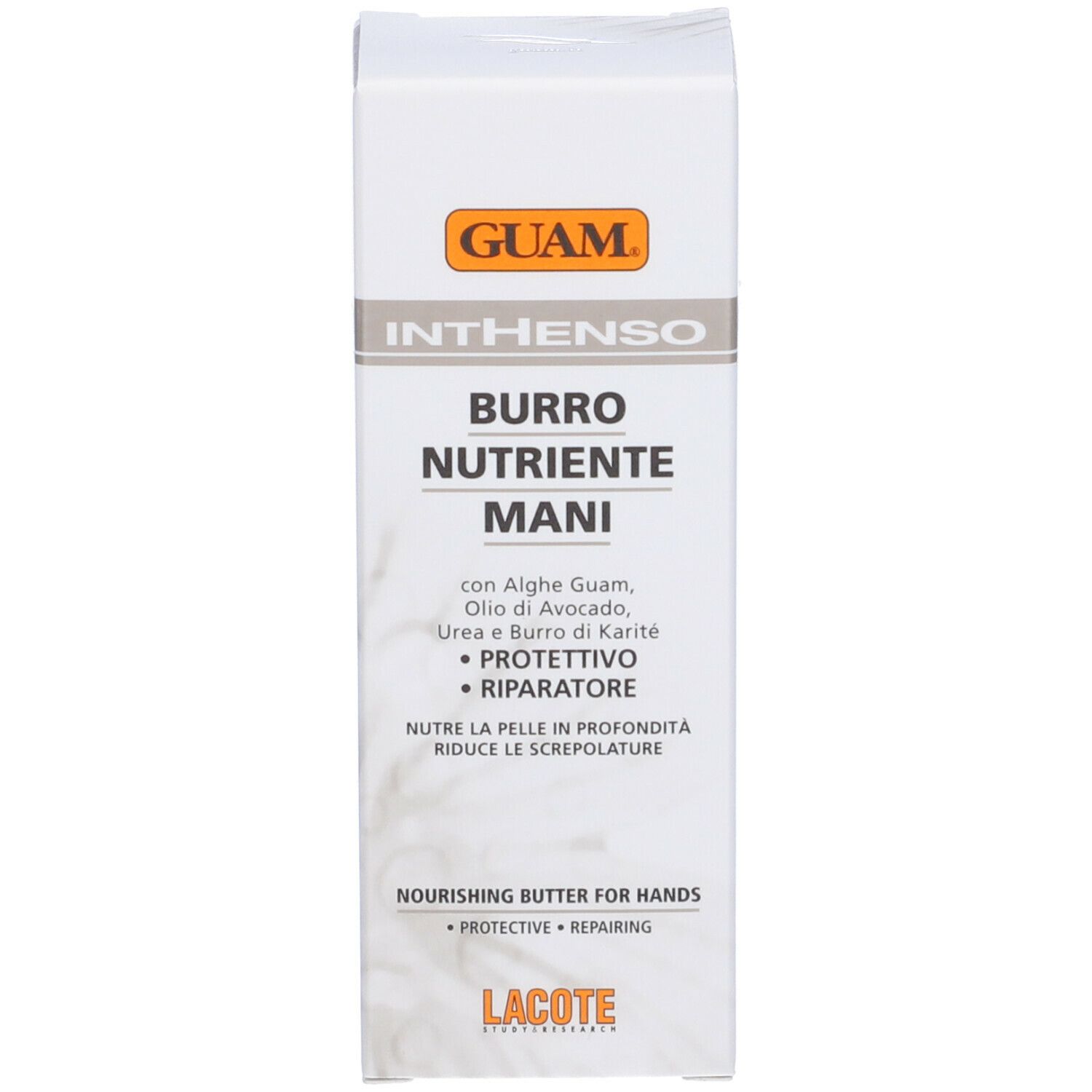 Scatola. Scritta: GUAM Inthenso Burro Nutriente Mani. Con logo e ingredienti.