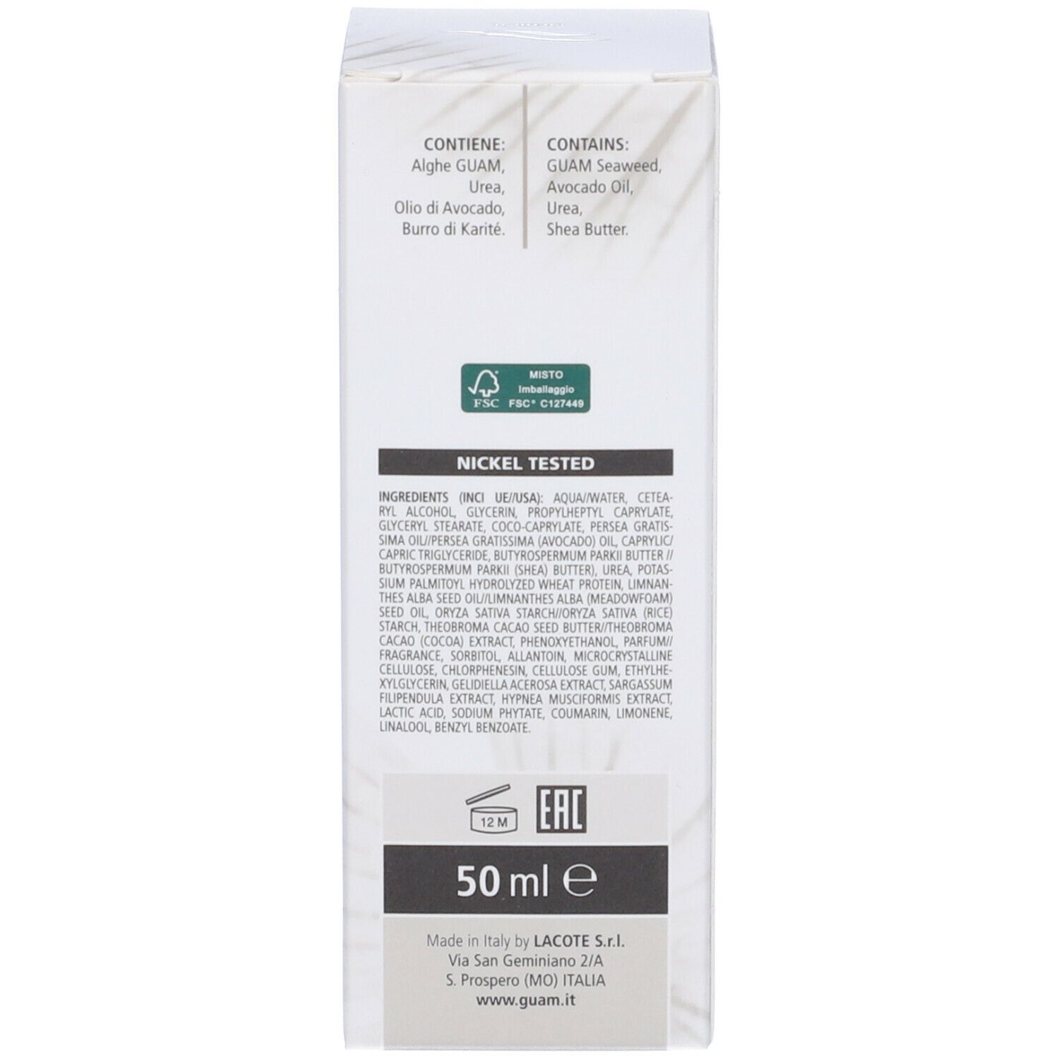 Retro della scatola. Ingredienti e certificazioni. 50 ml.