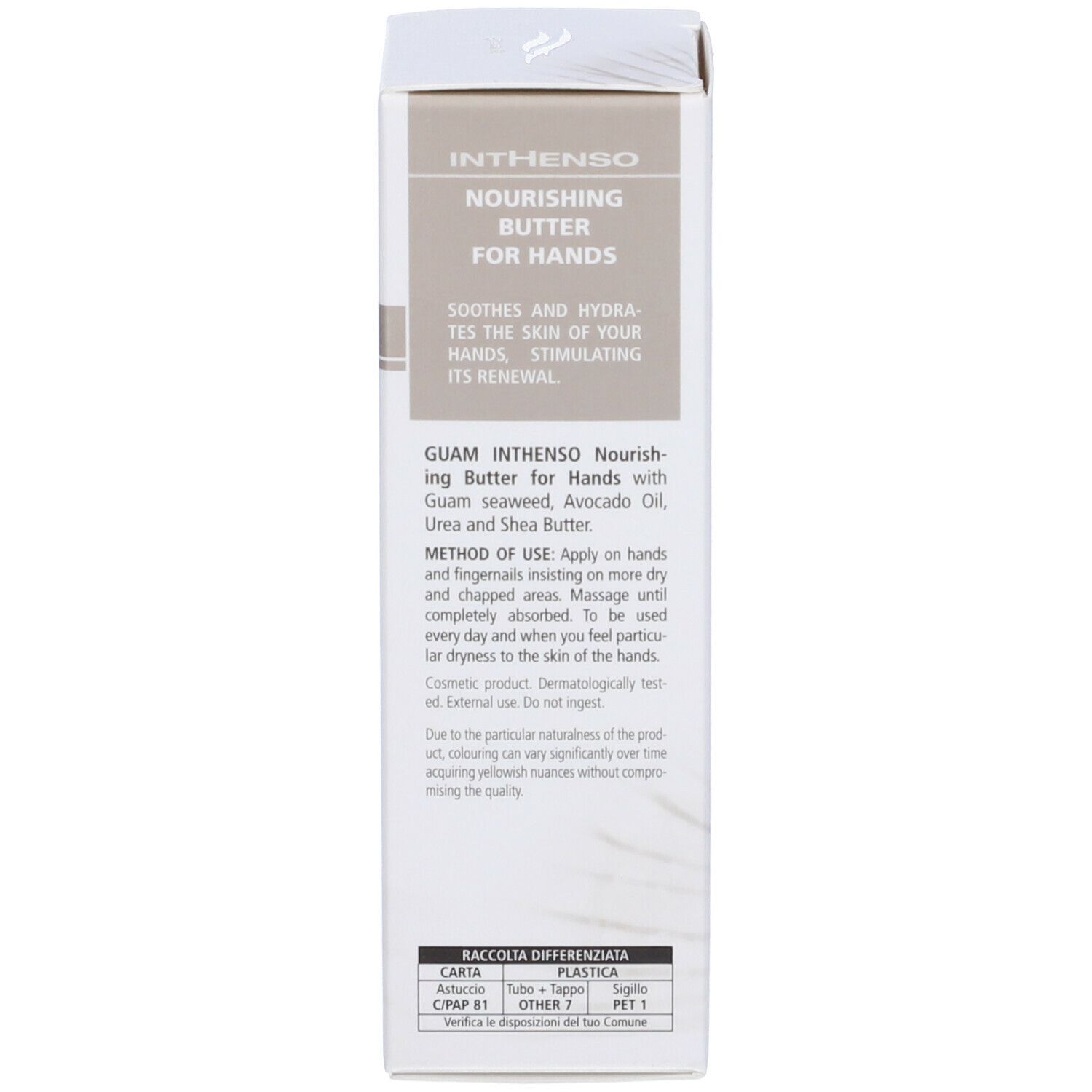 Retro della scatola. Testo: GUAM Inthenso Nourishing Butter for Hands. Uso.