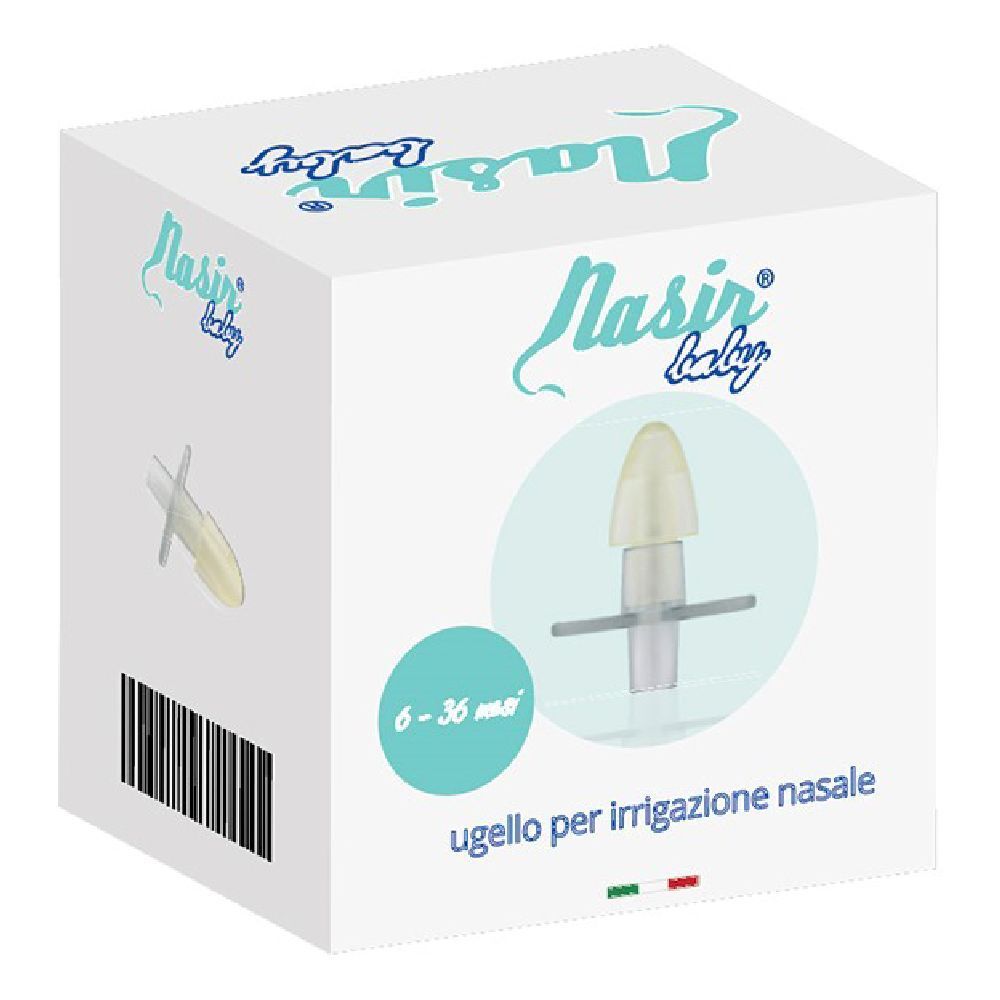 Confezione Nasir Baby. Ugello per irrigazione nasale, 6-36 mesi. Scatola bianca con immagine prodotto e bandiera italiana.