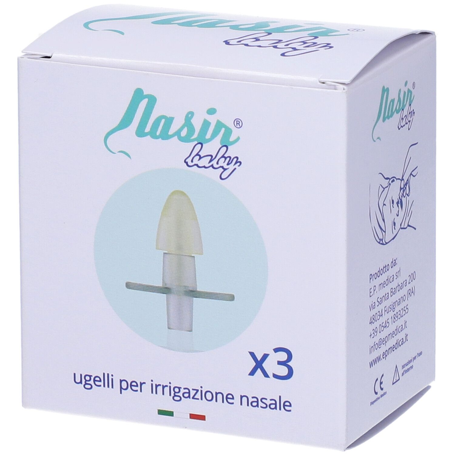 Confezione Nasir Baby. Tre ugelli per irrigazione nasale. Scatola bianca con immagine prodotto e bandiera italiana.