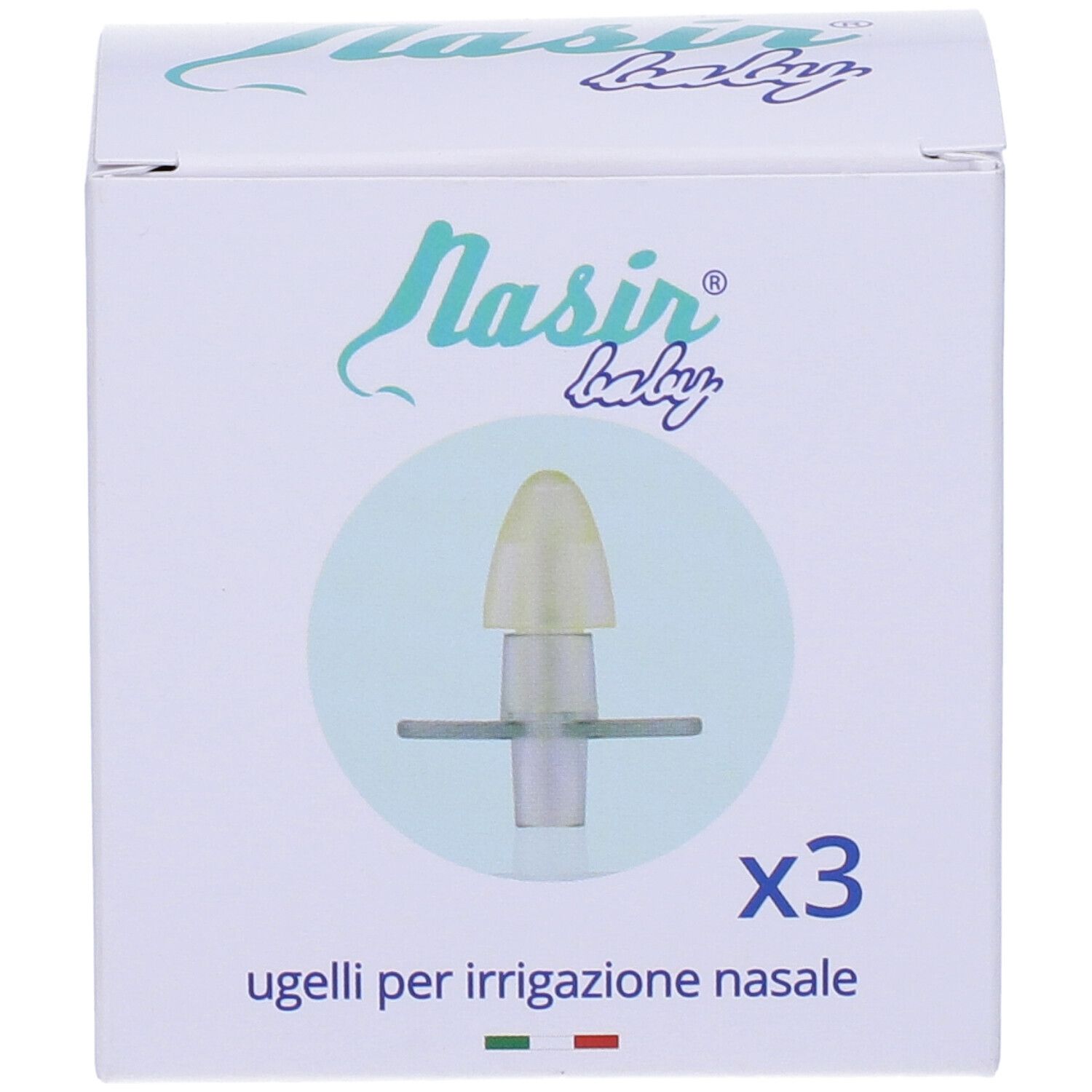 Confezione Nasir Baby. Tre ugelli per irrigazione nasale. Scatola bianca con immagine e bandiera italiana.