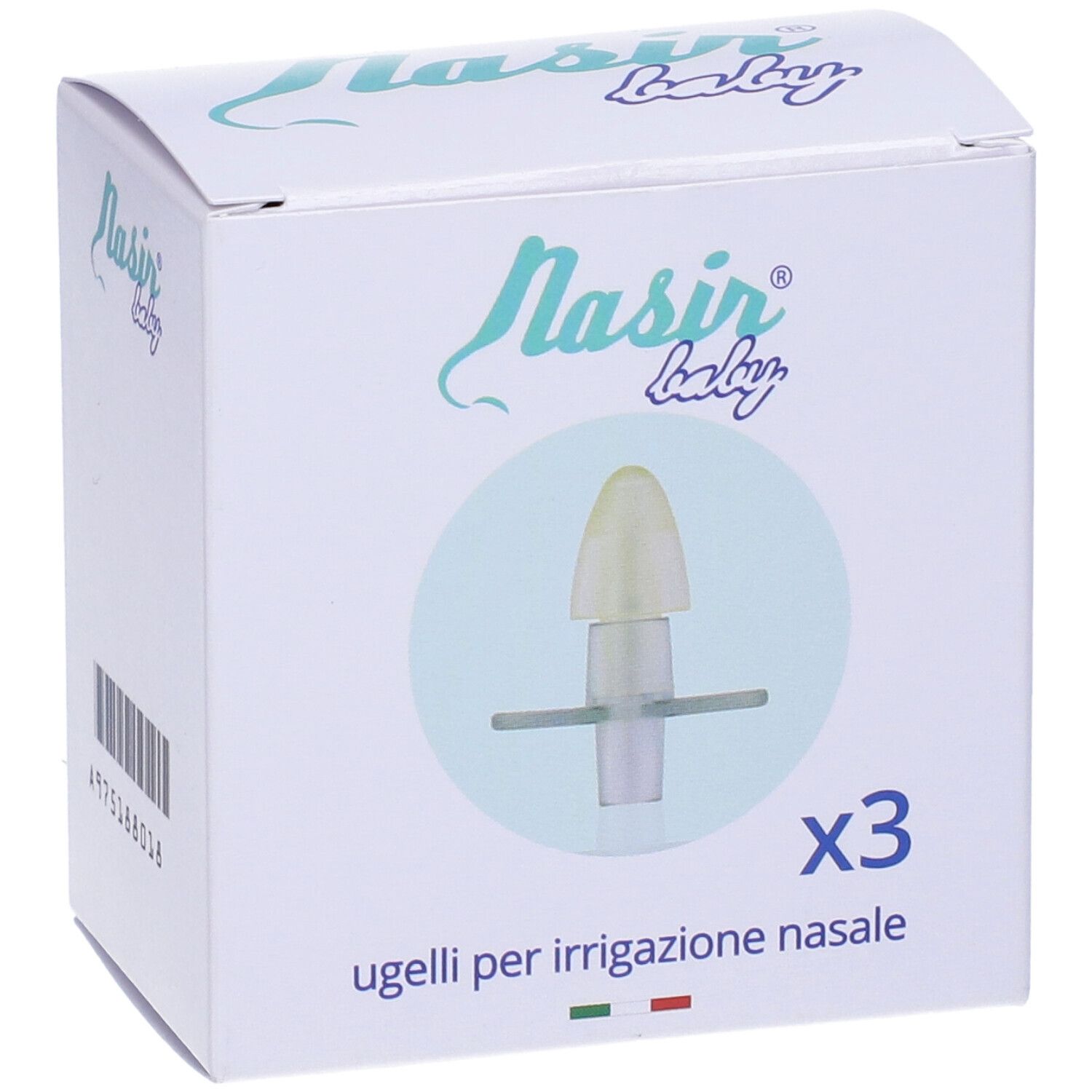 Confezione Nasir Baby. Tre ugelli per irrigazione nasale. Scatola bianca con immagine e bandiera italiana.