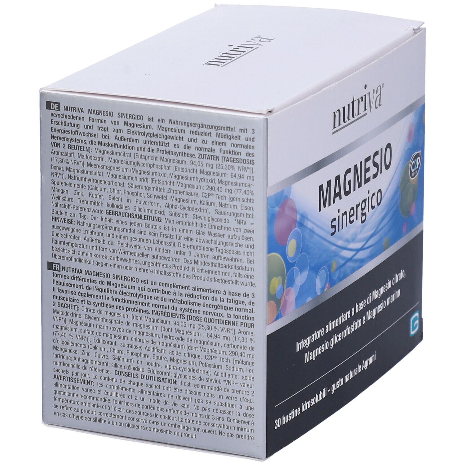 Scatola "nutriva" e "MAGNESIO sinergico". Ingredienti e informazioni nutrizionali sul retro. C2P Tech.