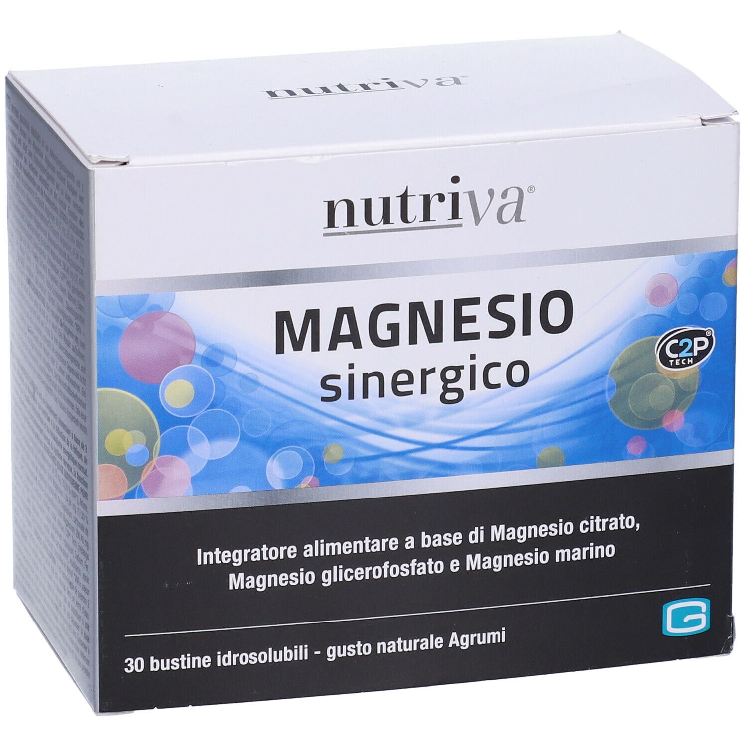 Scatola bianca "nutriva" e "MAGNESIO sinergico". 30 bustine, gusto agrumi. C2P Tech.