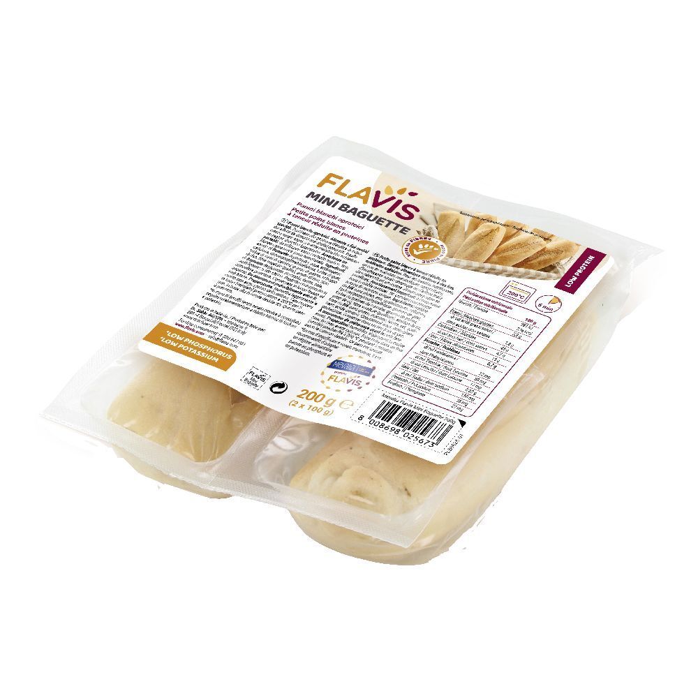 Confezione di FLAVIS Mini Baguette. Confezione trasparente con 4 baguette. Stampa con informazioni sul prodotto e valori nutrizionali.