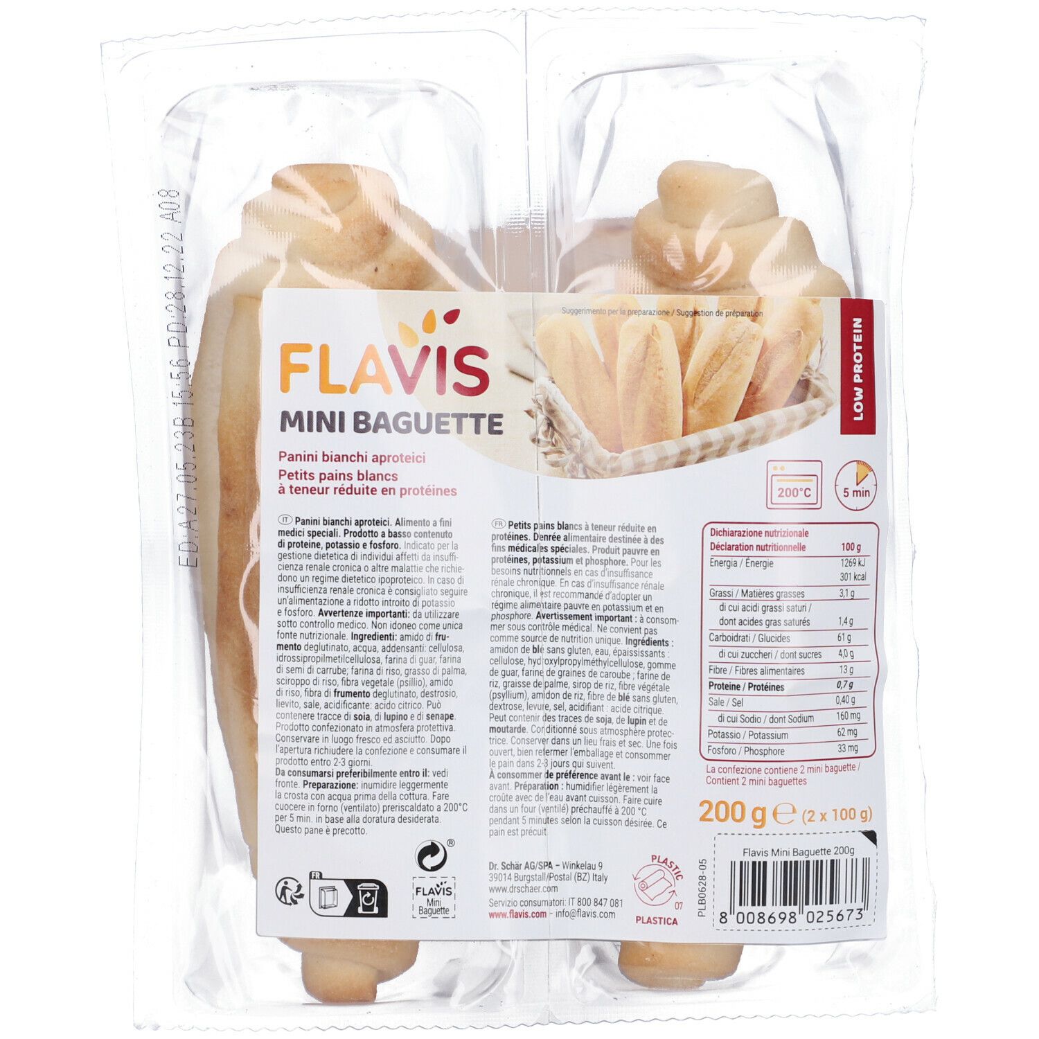 Confezione di FLAVIS Mini Baguette. Confezione trasparente con 2 baguette. Stampa con informazioni sul prodotto e valori nutrizionali.