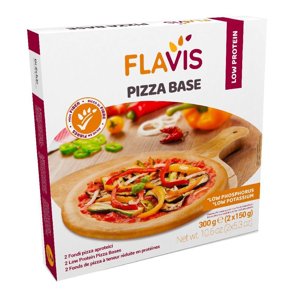 Confezione FLAVIS Pizza Base. Scritta: Low Protein, Fiber. Pizza su tagliere con verdure. 2 confezioni.