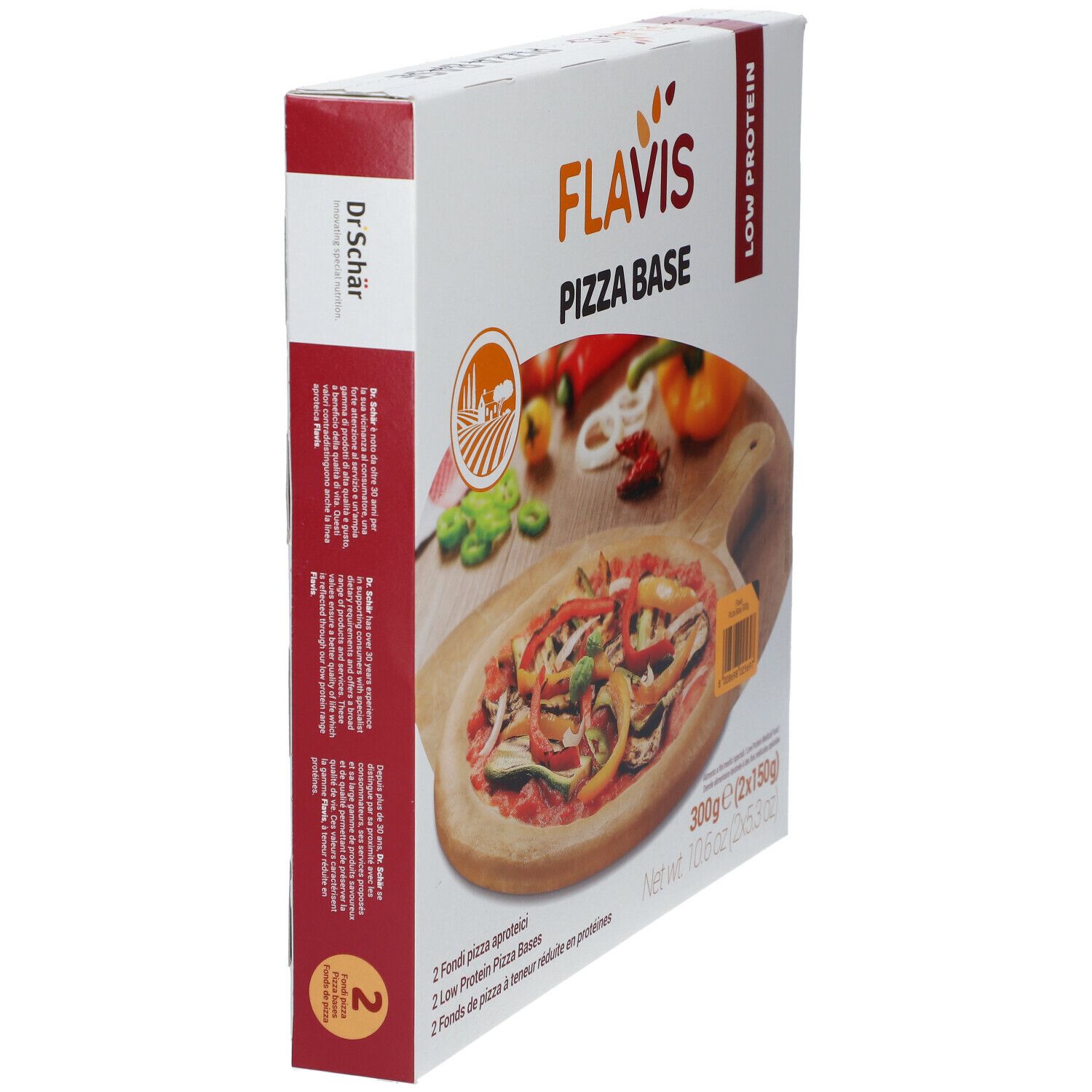 Confezione FLAVIS Pizza Base. Scritta: Low Protein. Pizza su tagliere con verdure. 2 confezioni.
