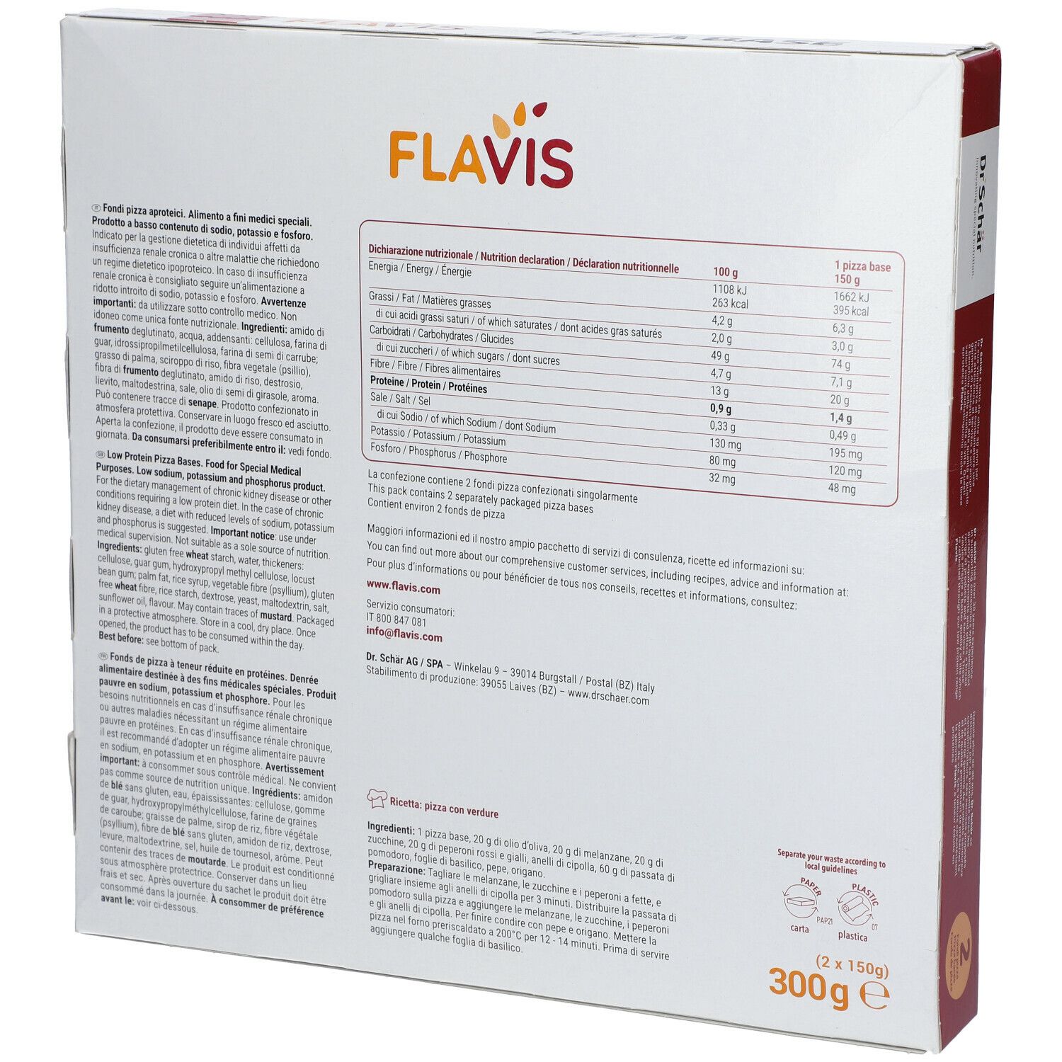 Confezione FLAVIS Pizza Base. Scritta: Low Protein. Pizza su tagliere con verdure. 2 confezioni.