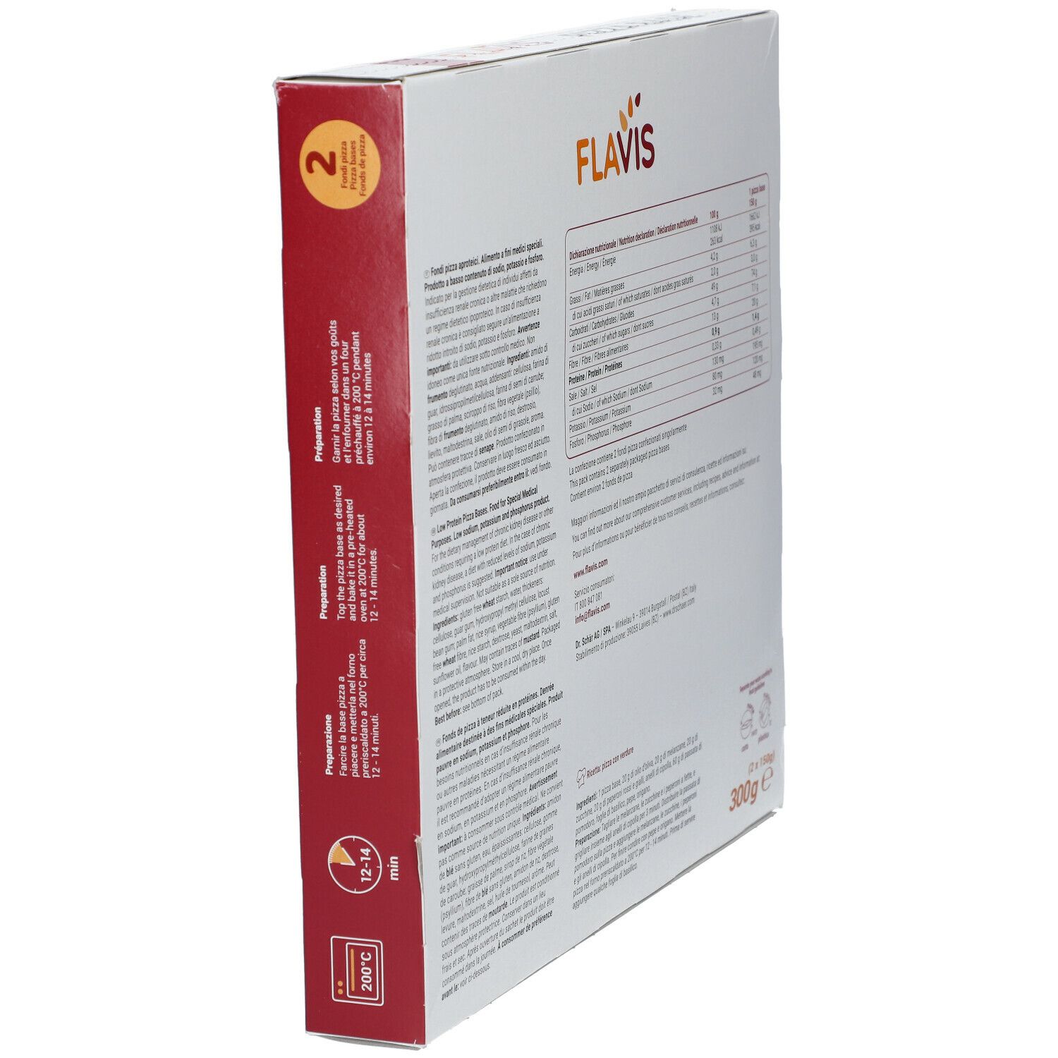 Retro confezione FLAVIS Pizza Base. Informazioni nutrizionali, elenco ingredienti, istruzioni. 2 confezioni.