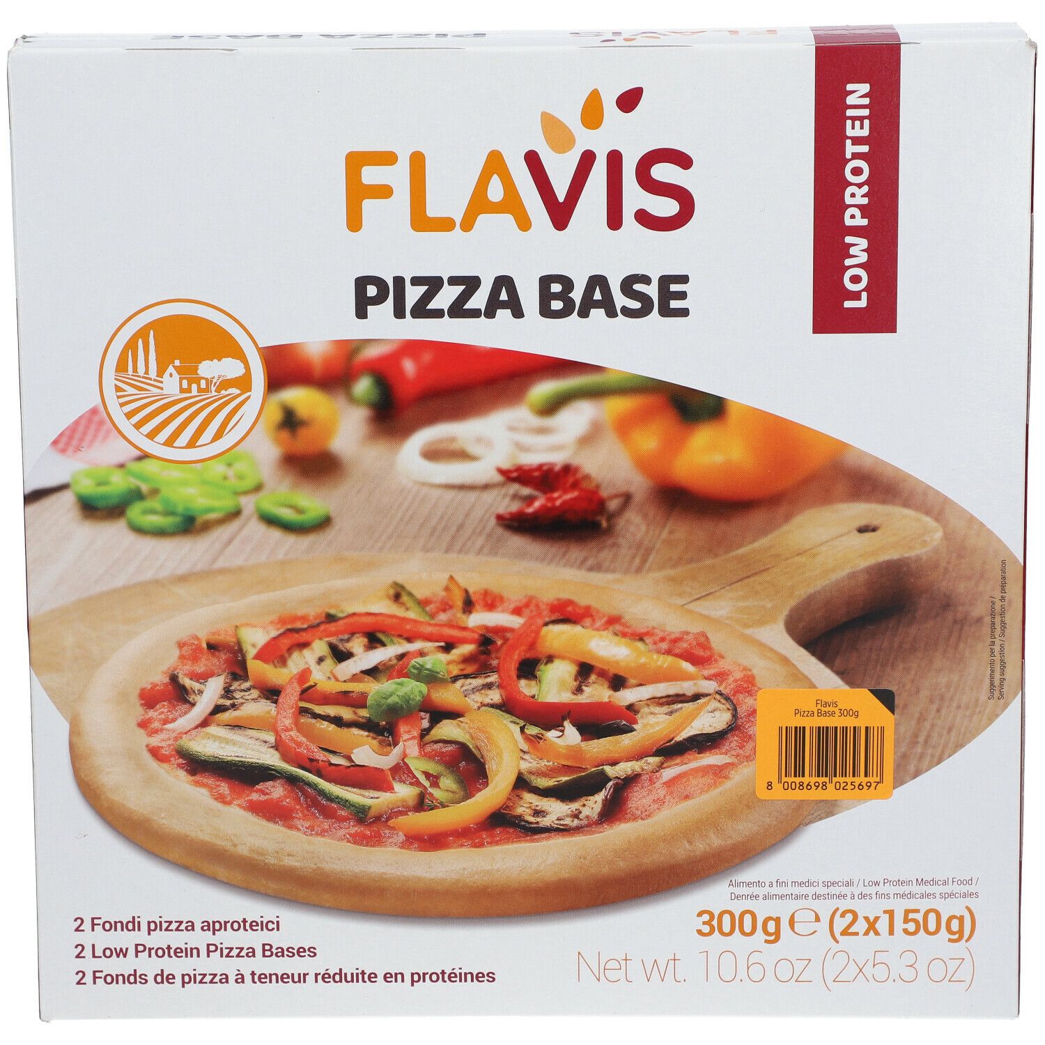 Lato confezione FLAVIS Pizza Base. Istruzioni per la preparazione, informazioni nutrizionali. 2 confezioni.