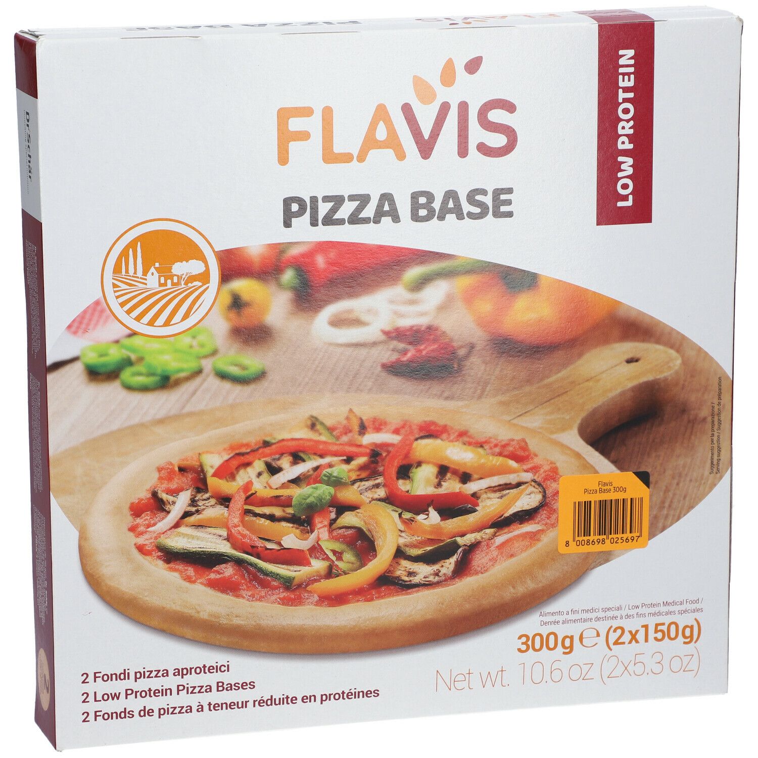 Confezione FLAVIS Pizza Base. Scritta: Low Protein. Pizza su tagliere con verdure. 2 confezioni.