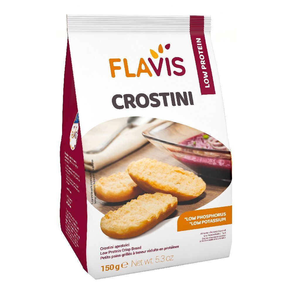 Confezione di FLAVIS Crostini. Scritta: Low Protein. Tre crostini su un tavolo. Scritta: 150g, Netto 5.3oz.