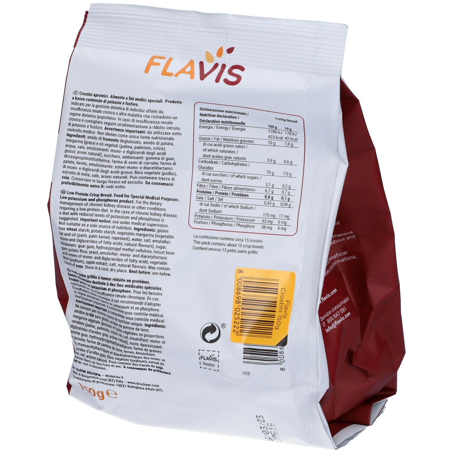 Retro della confezione di FLAVIS Crostini. Scritta: informazioni nutrizionali, ingredienti. Scritta: 150g.
