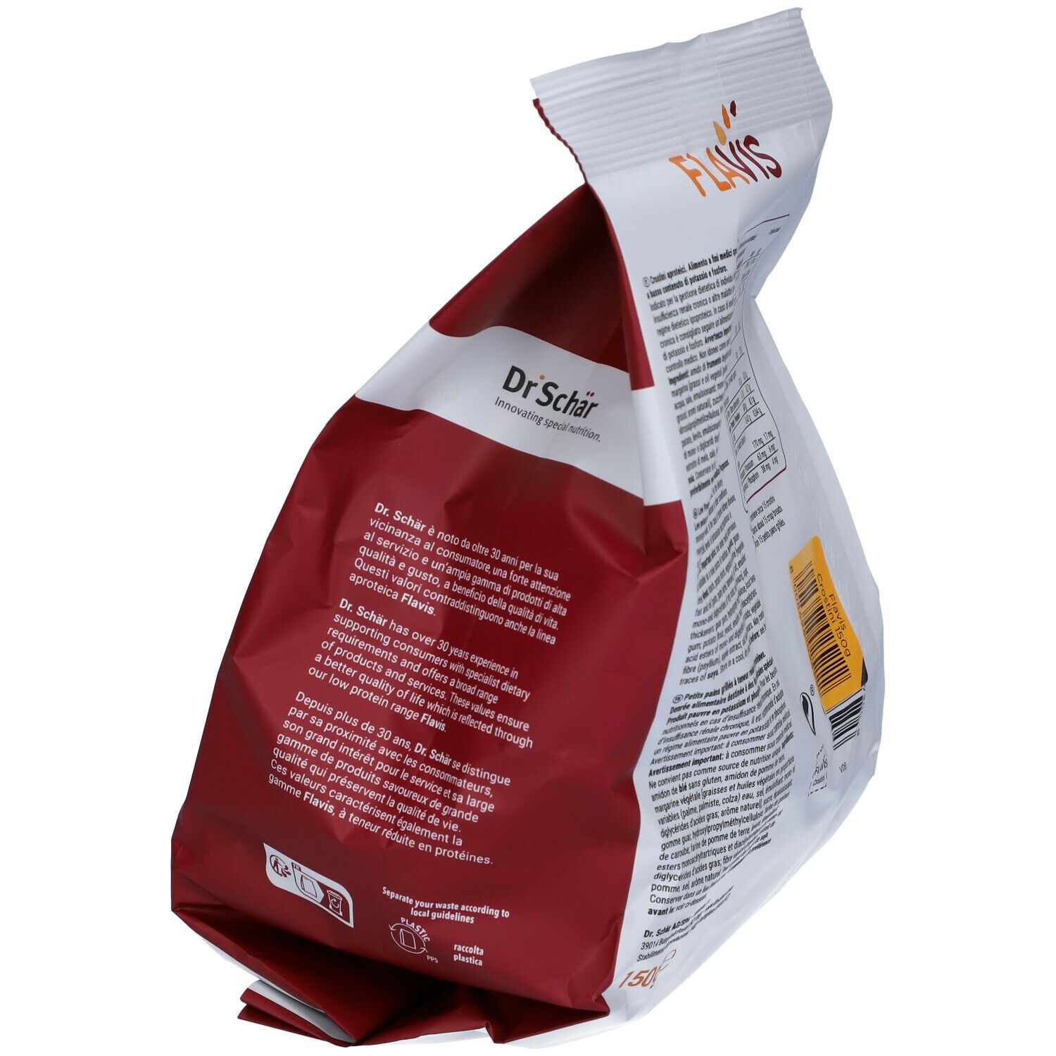 Retro della confezione di FLAVIS Crostini. Scritta: testo, Dr. Schär. Scritta: 150g.