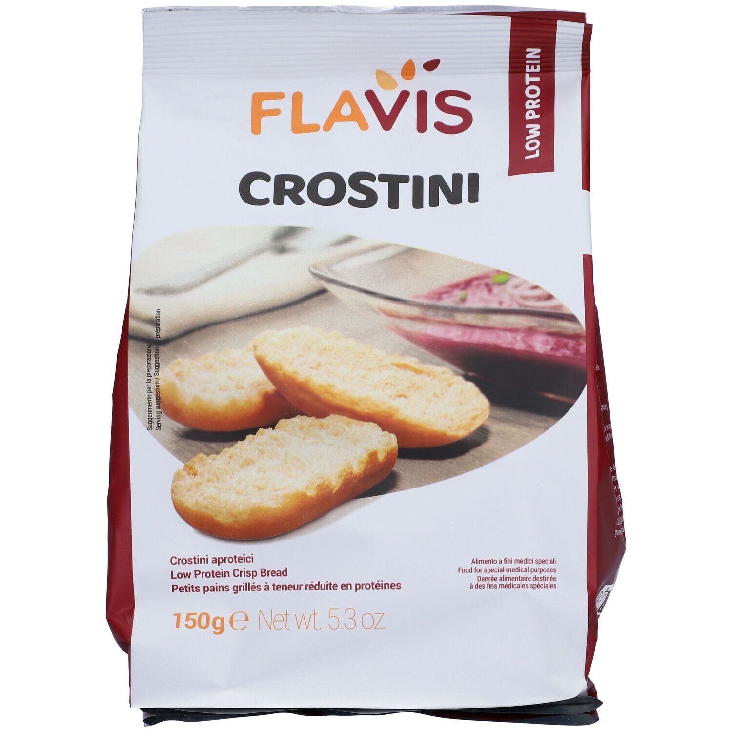 Confezione di FLAVIS Crostini. Scritta: Low Protein. Tre crostini su un tavolo. Scritta: 150g, Netto 5.3oz.