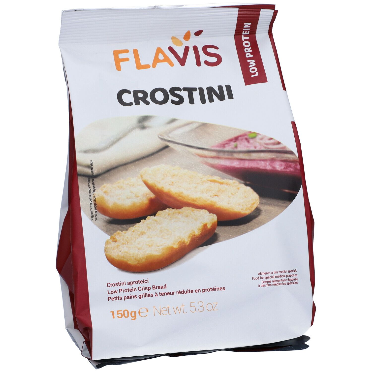 Confezione di FLAVIS Crostini. Scritta: Low Protein. Tre crostini su un tavolo. Scritta: 150g, Netto 5.3oz.