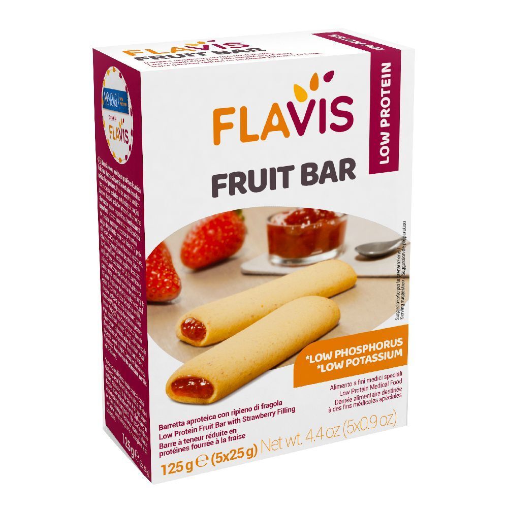 Confezione di FLAVIS Fruit Bar. Scritta: Low Protein, Fruit Bar, fragole, barrette con ripieno di fragola. Contiene 5 barrette.