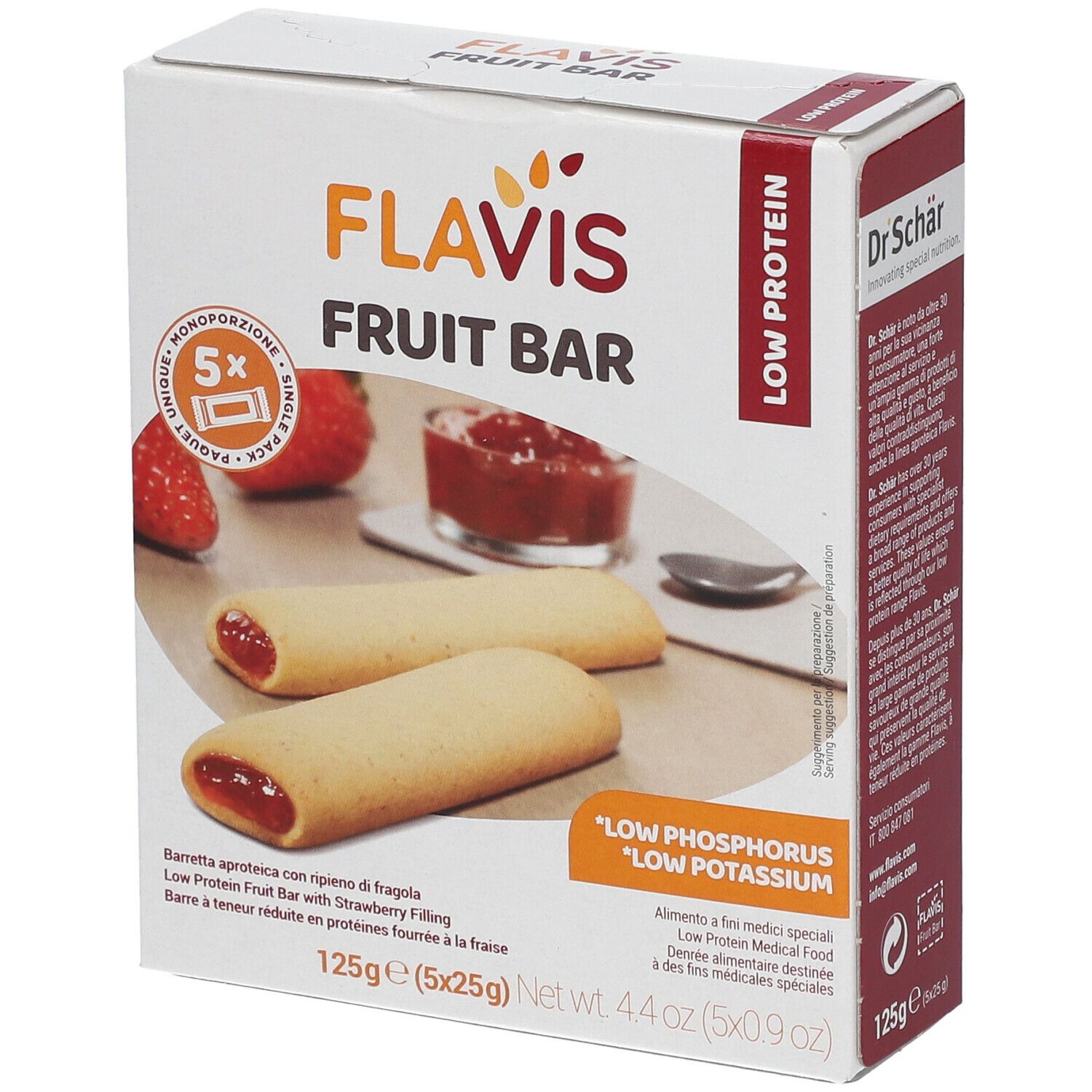 Confezione di FLAVIS Fruit Bar. Scritta: Low Protein, Fruit Bar, fragole, barrette con ripieno di fragola. Contiene 5 barrette. Marchio Dr. Schär.