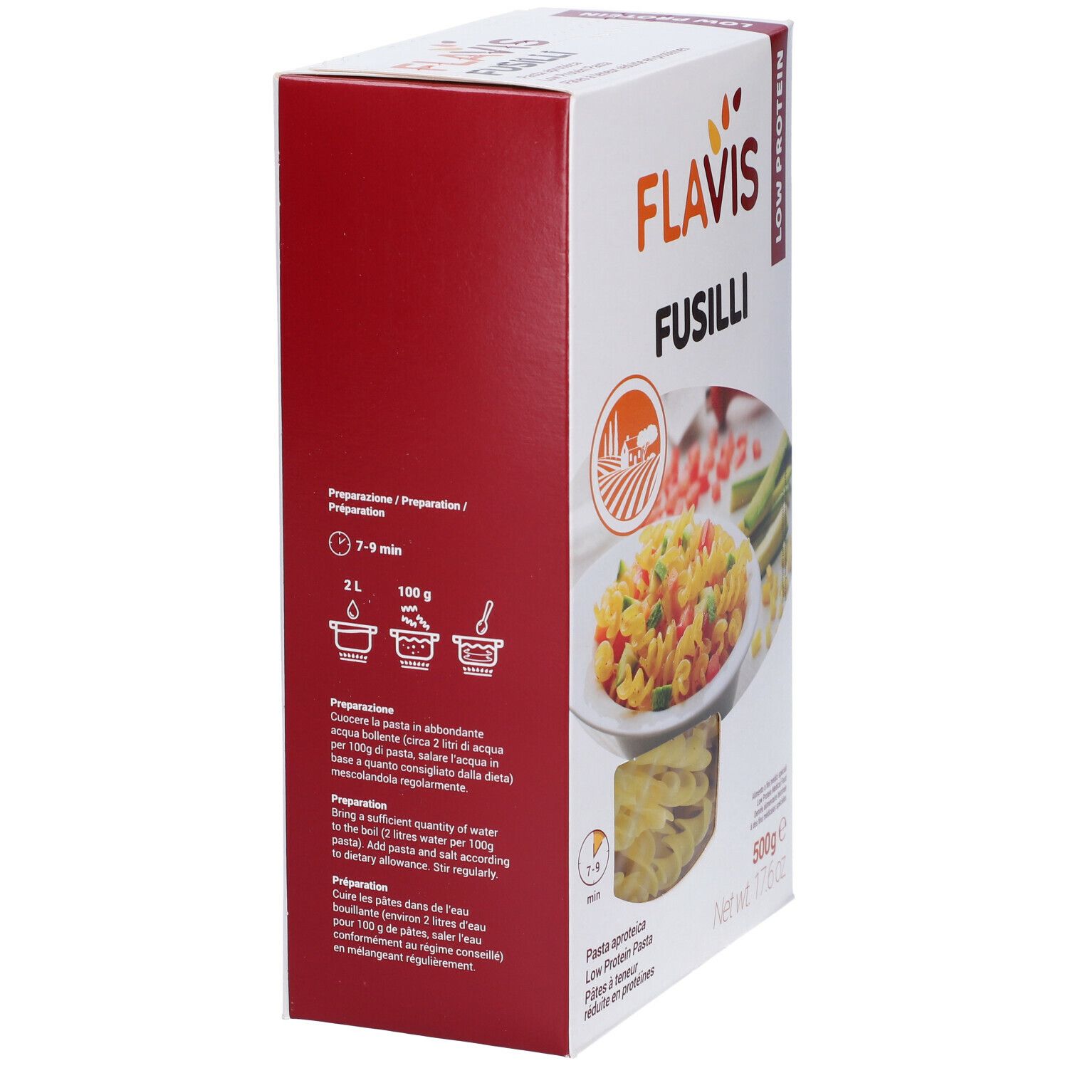 Confezione FLAVIS Fusilli, vista laterale. Istruzioni di cottura e immagine di pasta e verdure. 500g.