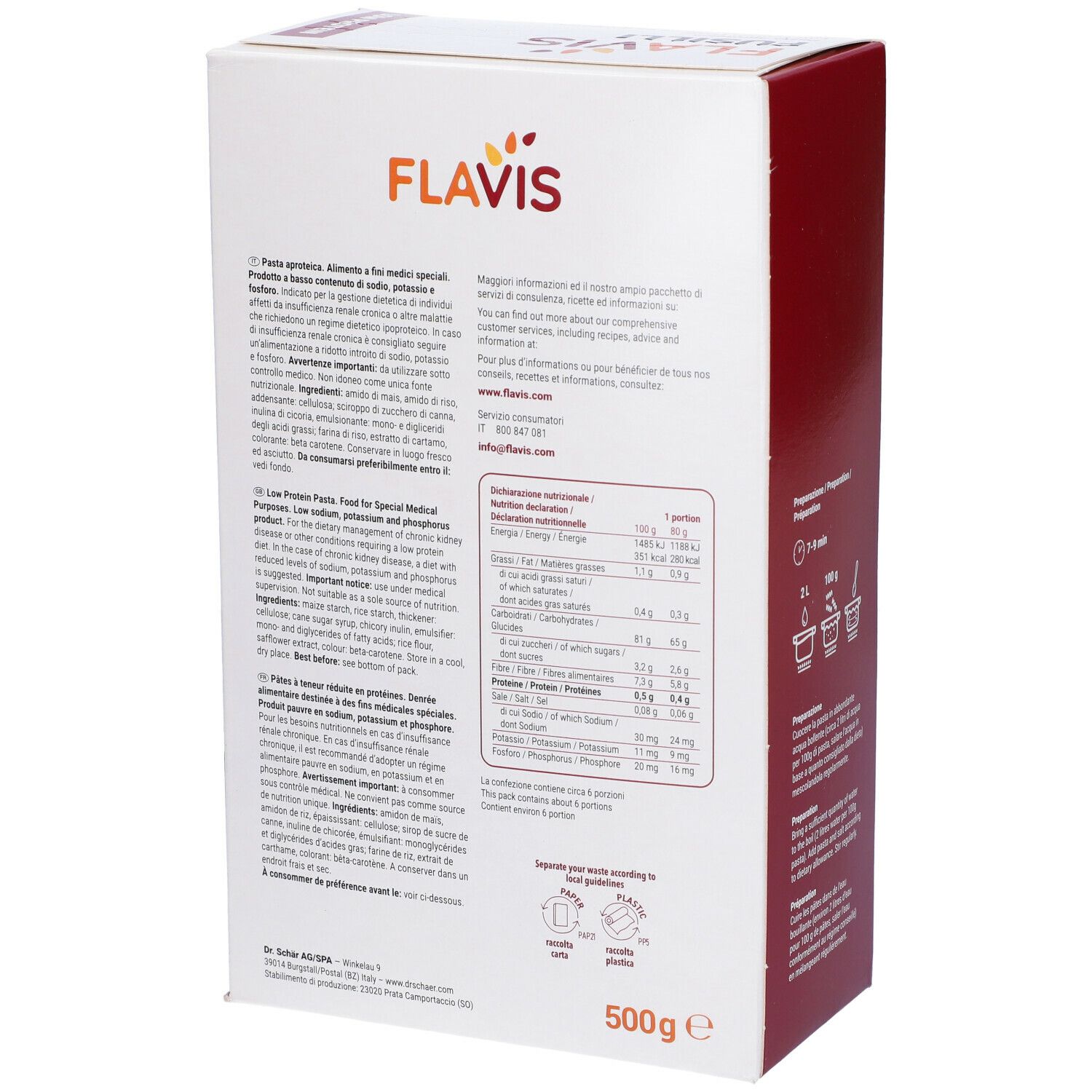 Retro della confezione FLAVIS Fusilli. Informazioni nutrizionali e informazioni. 500g.