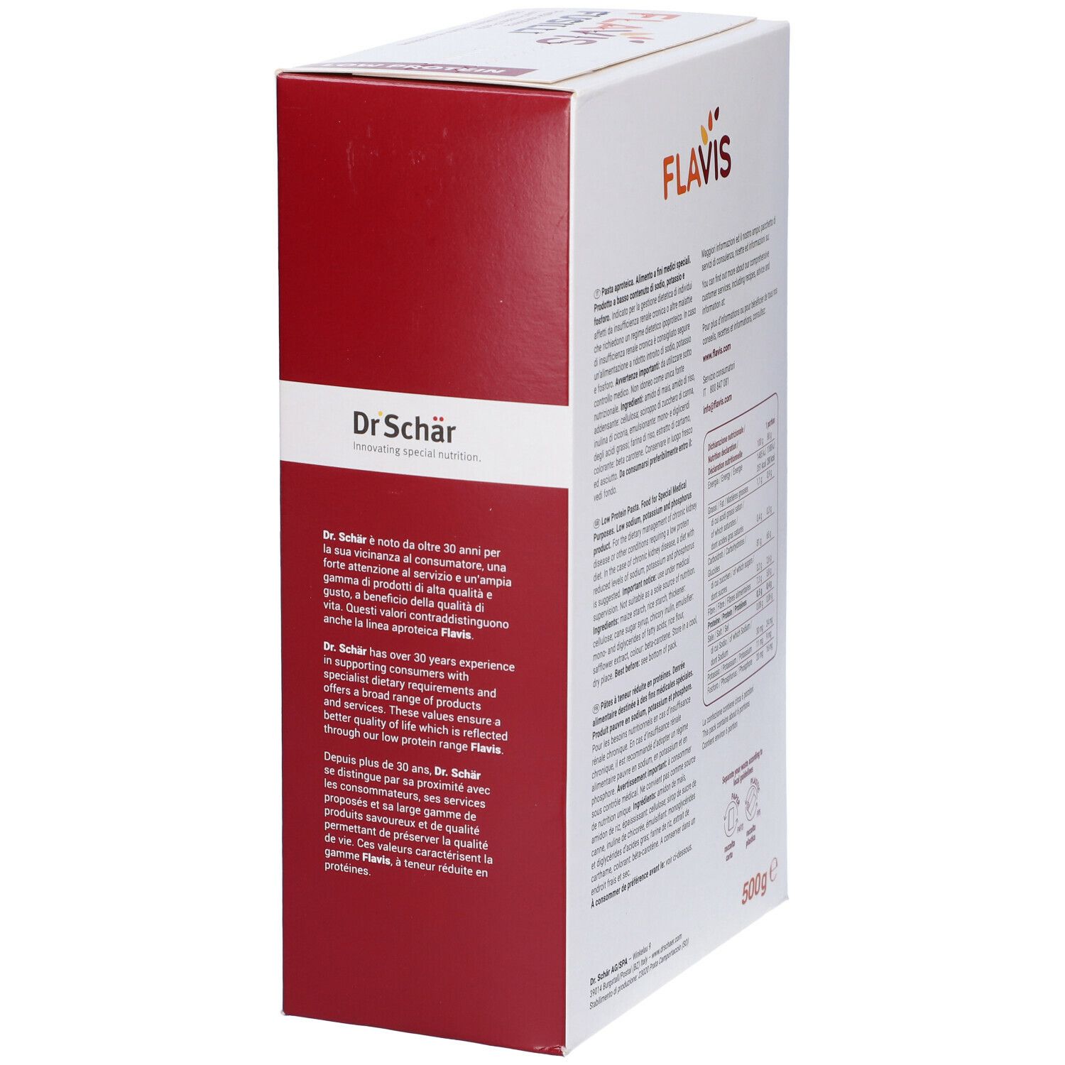 Vista laterale della confezione FLAVIS Fusilli. Testo di Dr. Schär. 500g.
