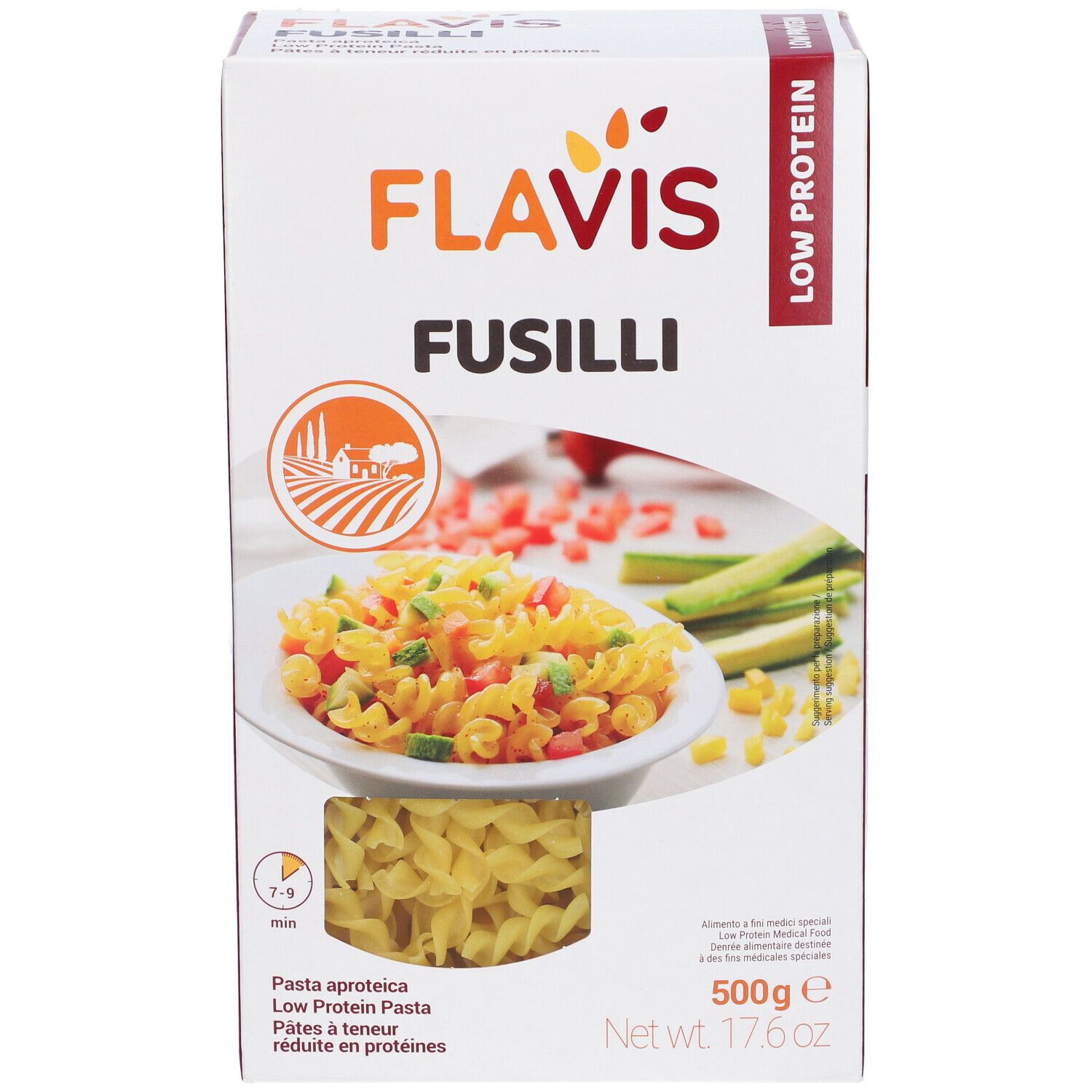 Confezione FLAVIS Fusilli. Scritta: Low Protein. Immagine di pasta e verdure. 500g.