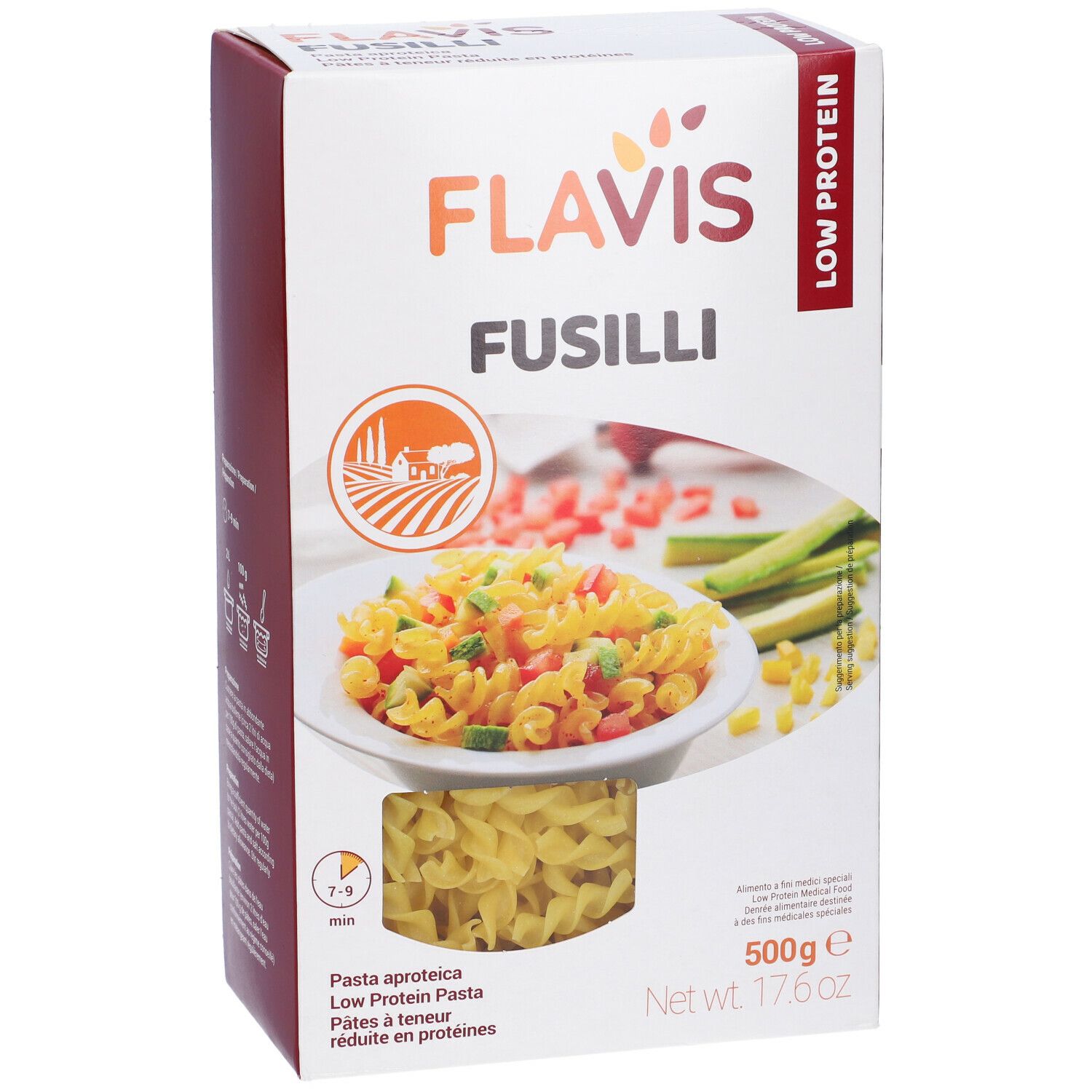 Confezione FLAVIS Fusilli. Scritta: Low Protein. Immagine di pasta e verdure. 500g.