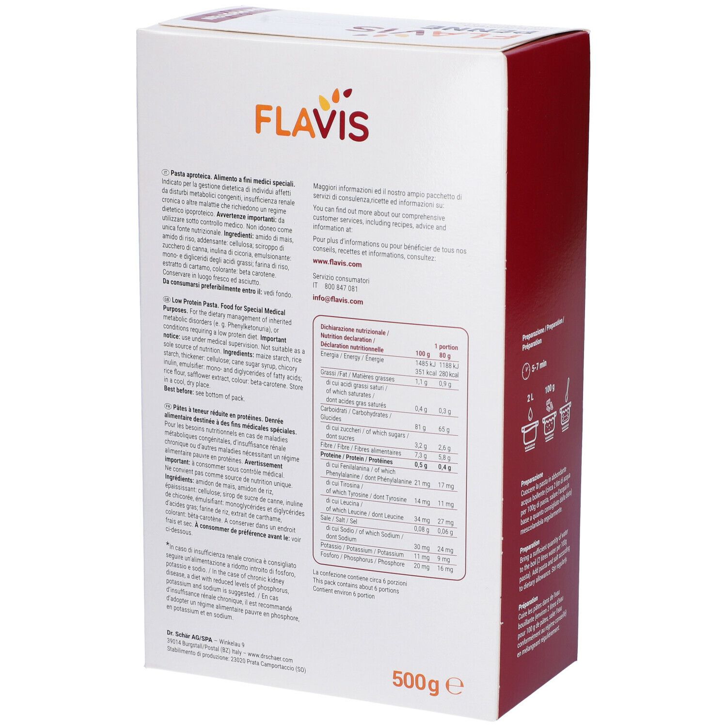 Retro della confezione FLAVIS Penne. Testo sui valori nutrizionali e ingredienti. 500g. Istruzioni di cottura.