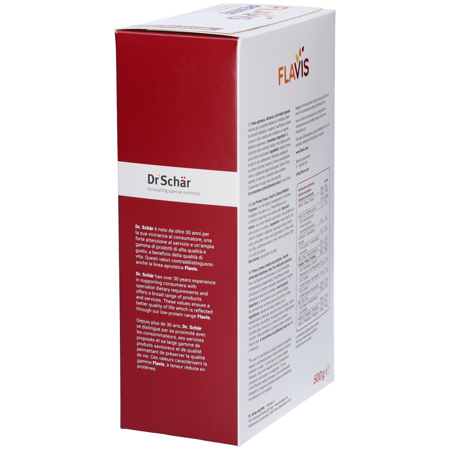 Lato della confezione FLAVIS Penne. Testo di Dr. Schär. Informazioni sul prodotto. 500g.