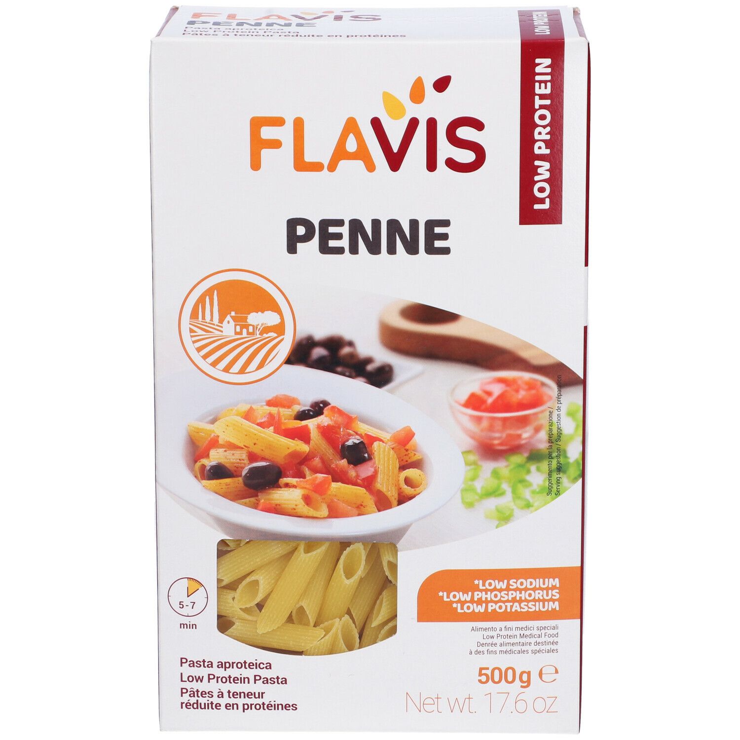 Confezione FLAVIS Penne. Scritta: Low Protein. Immagine di pasta penne con pomodori e olive. 500g.