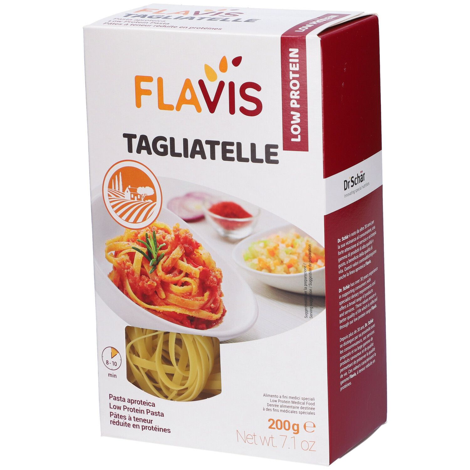 Confezione FLAVIS Tagliatelle. Scritta: Low Protein, 200g, Dr. Schär. Immagine di pasta al pomodoro e pasta cruda.