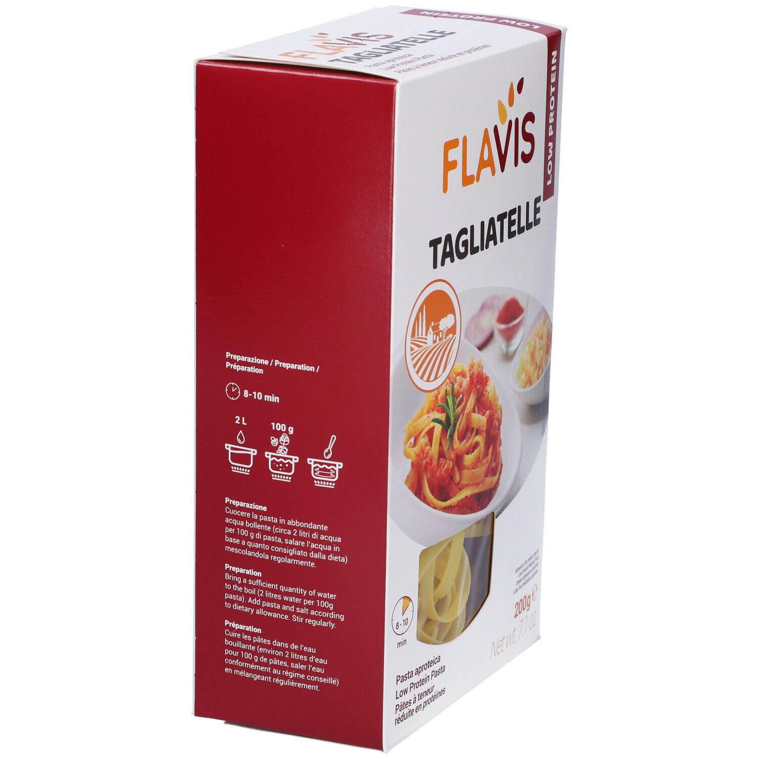 Confezione FLAVIS Tagliatelle. Scritta: Low Protein, 200g. Immagine di pasta al pomodoro e pasta cruda. Istruzioni per la preparazione.