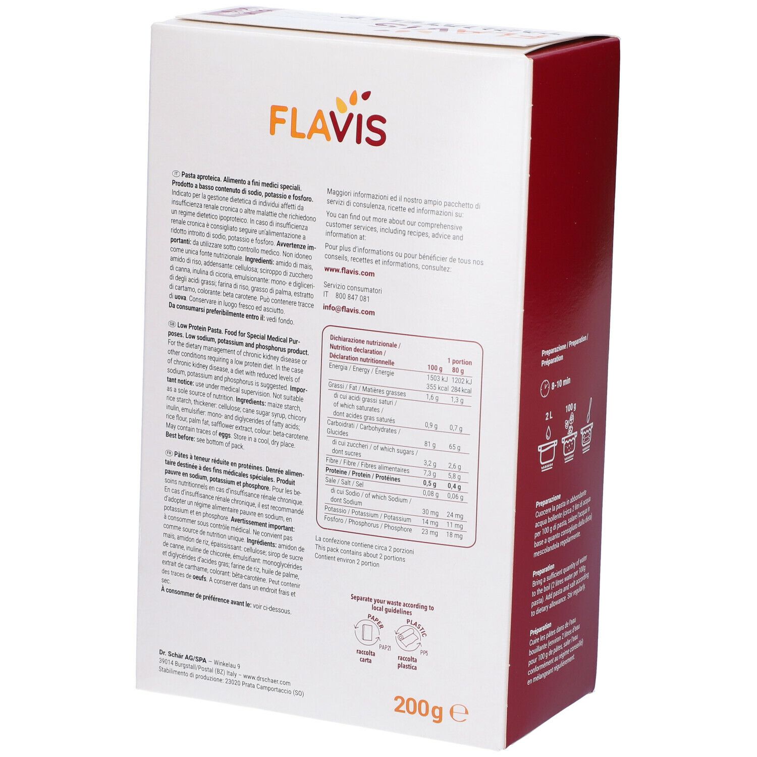 Retro della confezione FLAVIS Tagliatelle. Informazioni nutrizionali, ingredienti e preparazione. Scritta: 200g.