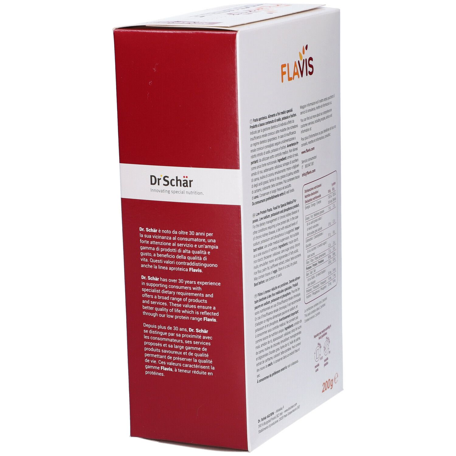 Lato della confezione FLAVIS Tagliatelle. Scritta: Dr. Schär. Informazioni sull'azienda e sul prodotto. Scritta: 200g.