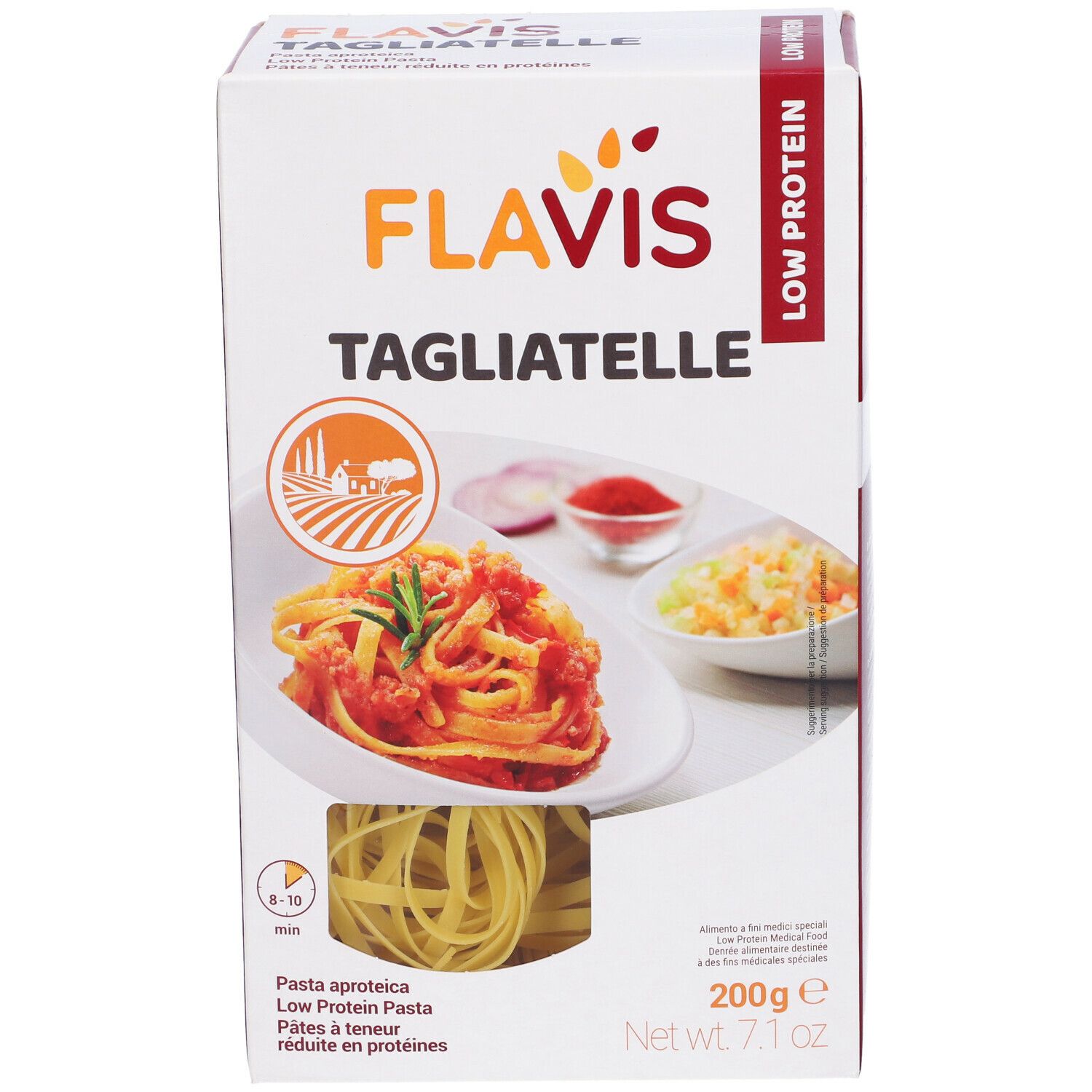 Confezione FLAVIS Tagliatelle. Scritta: Low Protein, 200g, spiga di grano. Immagine di pasta al pomodoro e pasta cruda.