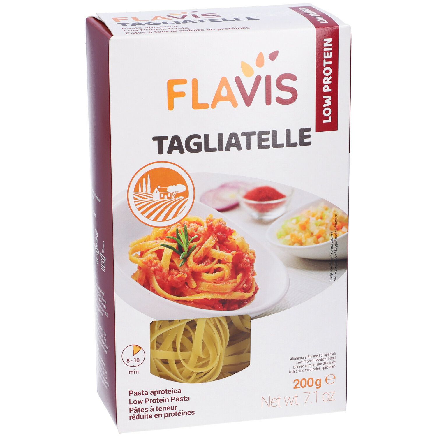 Confezione FLAVIS Tagliatelle. Scritta: Low Protein, 200g, spiga di grano. Immagine di pasta al pomodoro e pasta cruda.