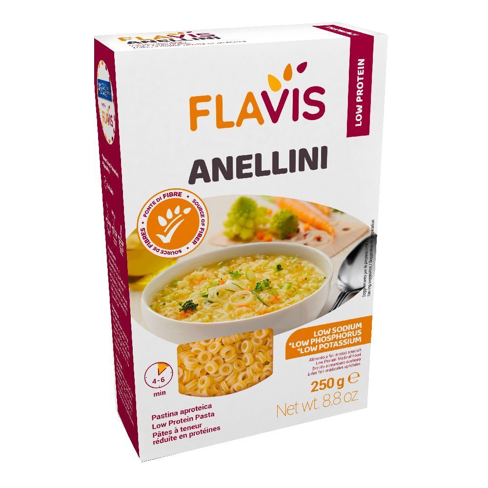 Confezione di FLAVIS Anellini. Scritte: Low Protein, 250 g, 4-6 min. Immagine di zuppa con anellini.