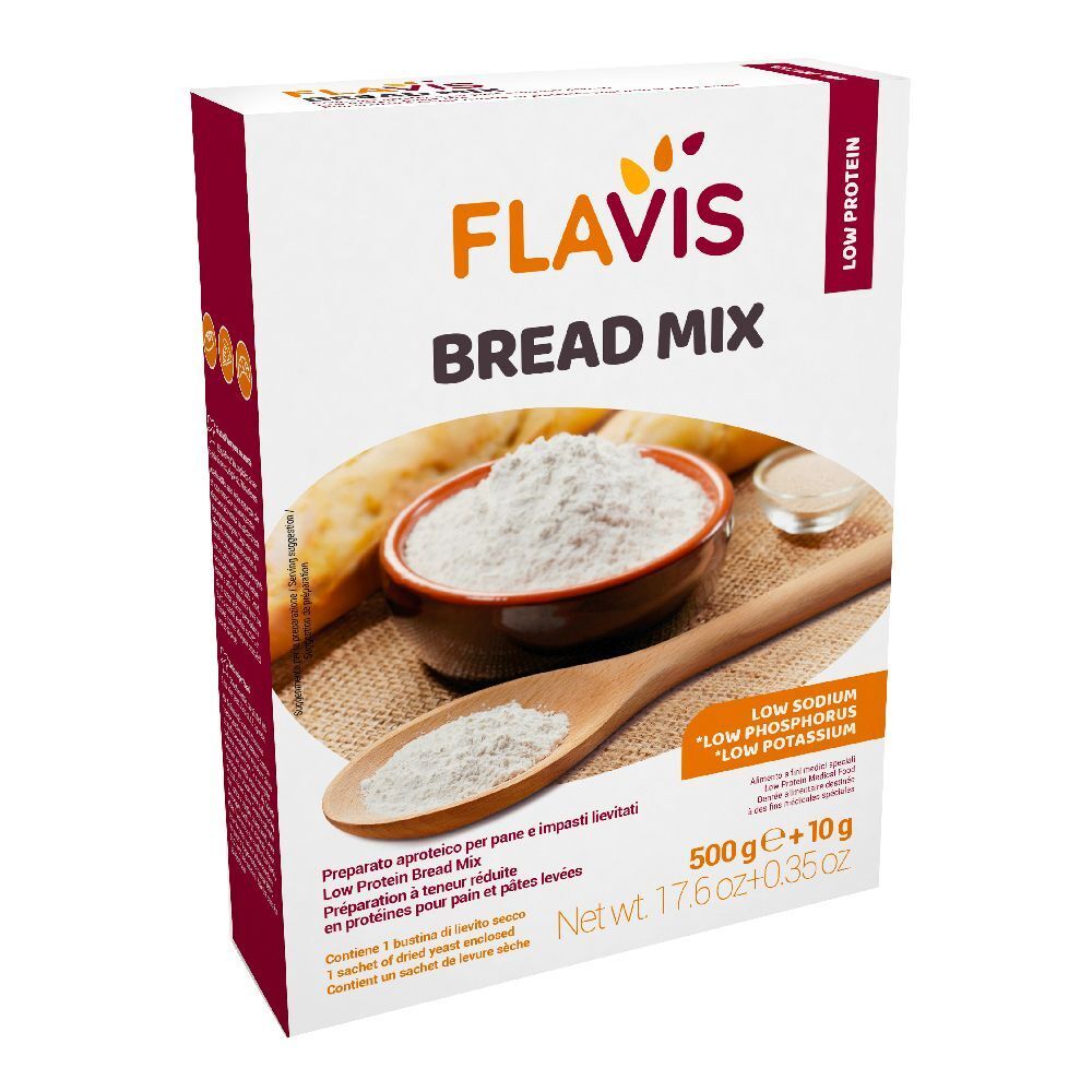 Confezione di FLAVIS Bread Mix. Scritta: Low Protein. Contiene farina, cucchiaio di legno, ciotola. 500g+10g.