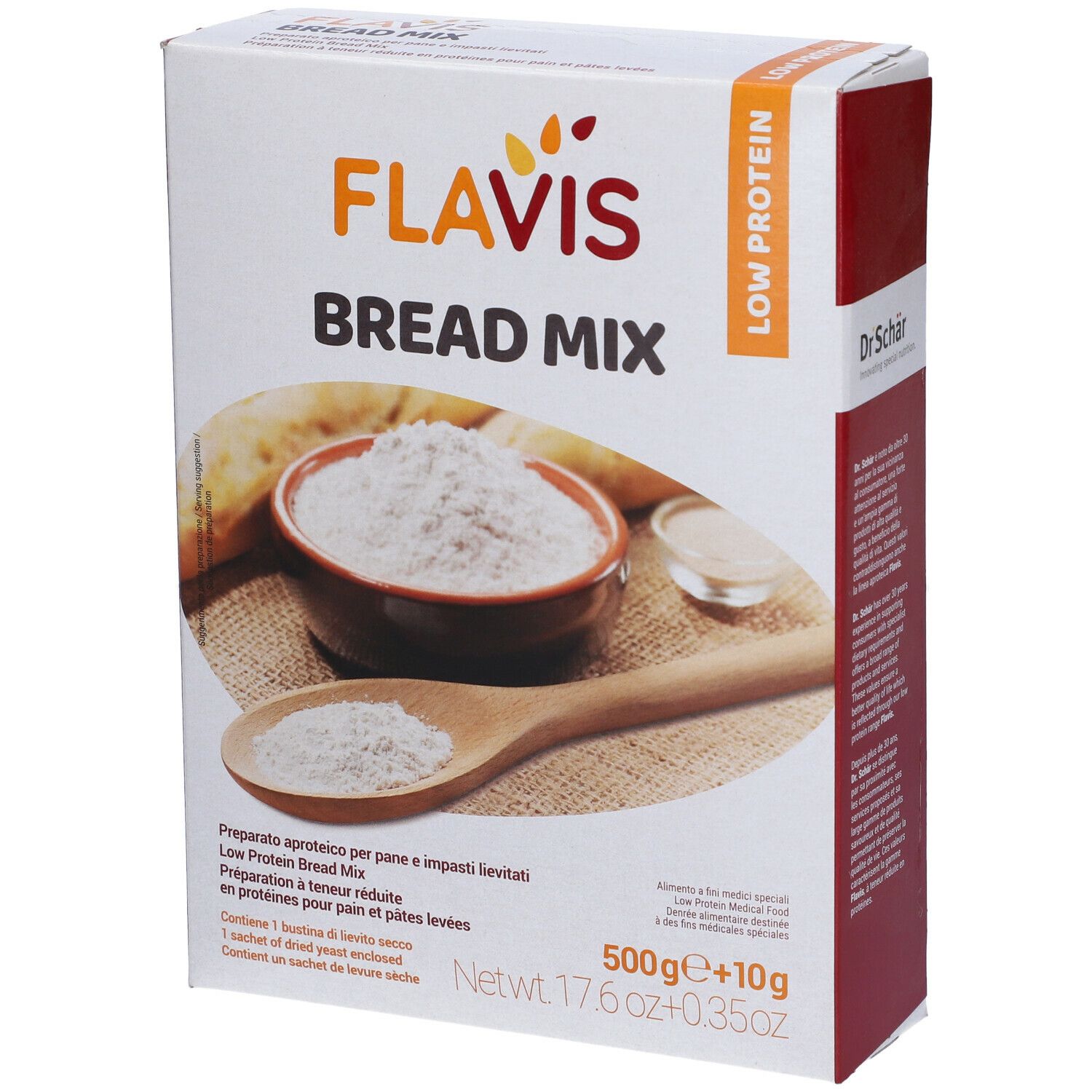 Confezione di FLAVIS Bread Mix. Scritta: Low Protein. Contiene farina, cucchiaio di legno, ciotola. 500g+10g.
