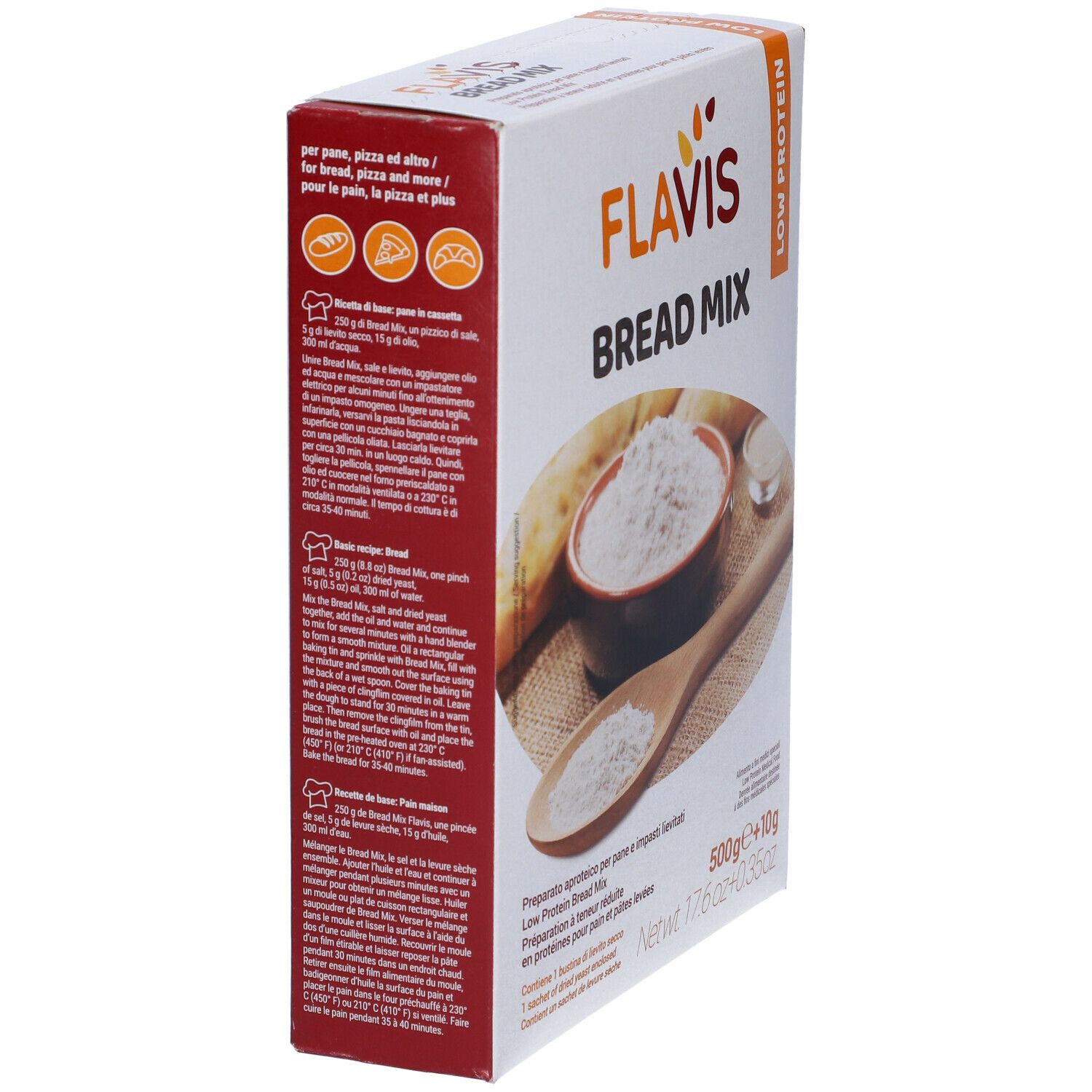 Confezione di FLAVIS Bread Mix. Scritta: Low Protein. Contiene farina, cucchiaio di legno, ciotola. 500g+10g.