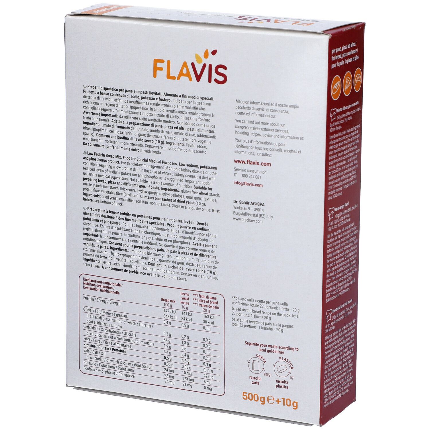 Confezione di FLAVIS Bread Mix. Scritta: Low Protein. Contiene farina, cucchiaio di legno, ciotola. 500g+10g.